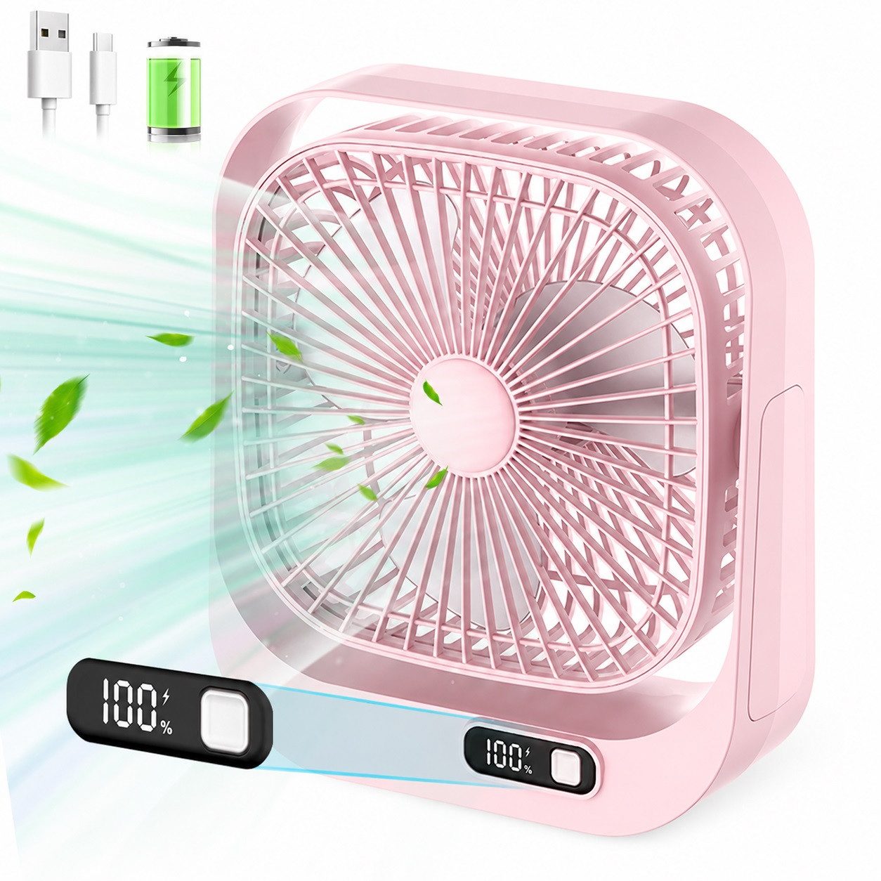 MOPUEA Mini USB-Ventilator Wiederaufladbarer Desktop-Ventilator mit digitalem Display, 360° Drehung, leise, 3 Stufen, tragbar,für Schlafsaal, Büro, Zuhause