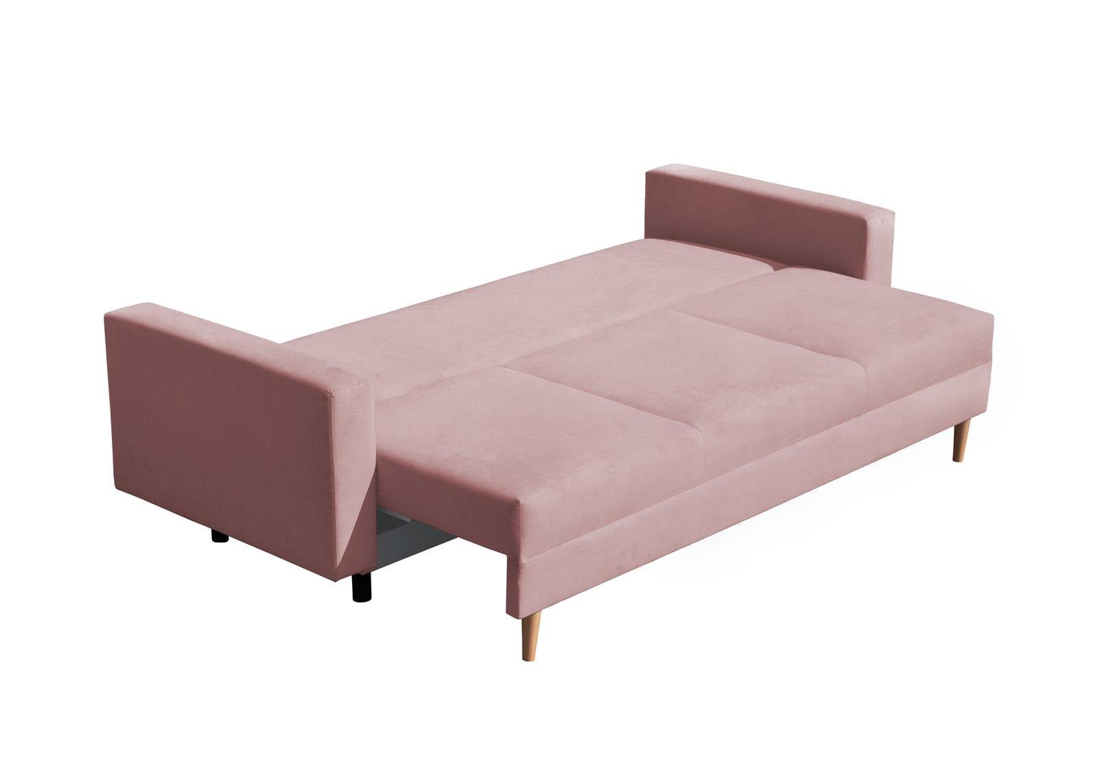 Sofa Design, 3-Sitzer Bettkasten, skandinavisches Holzbeine, MILAN, Rosa 3-Sitzer Relaxfunktion 23) mit Wellenunterfederung, Beautysofa (trinity