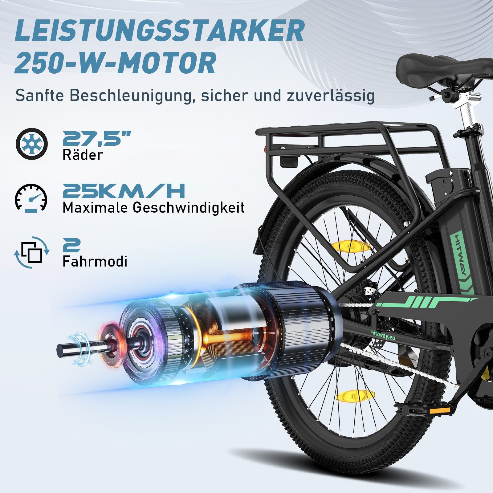 HITWAY E-Bike Cityrad 27,5 Zoll Elektrofahrrad für Damen Herren, Pedelec mit 36V 13Ah Akku, 1 Gang, 250W Heckmotor, 468 Wh, E-fahrräde, E-Citybike mit Schloss, Pumpe, APP