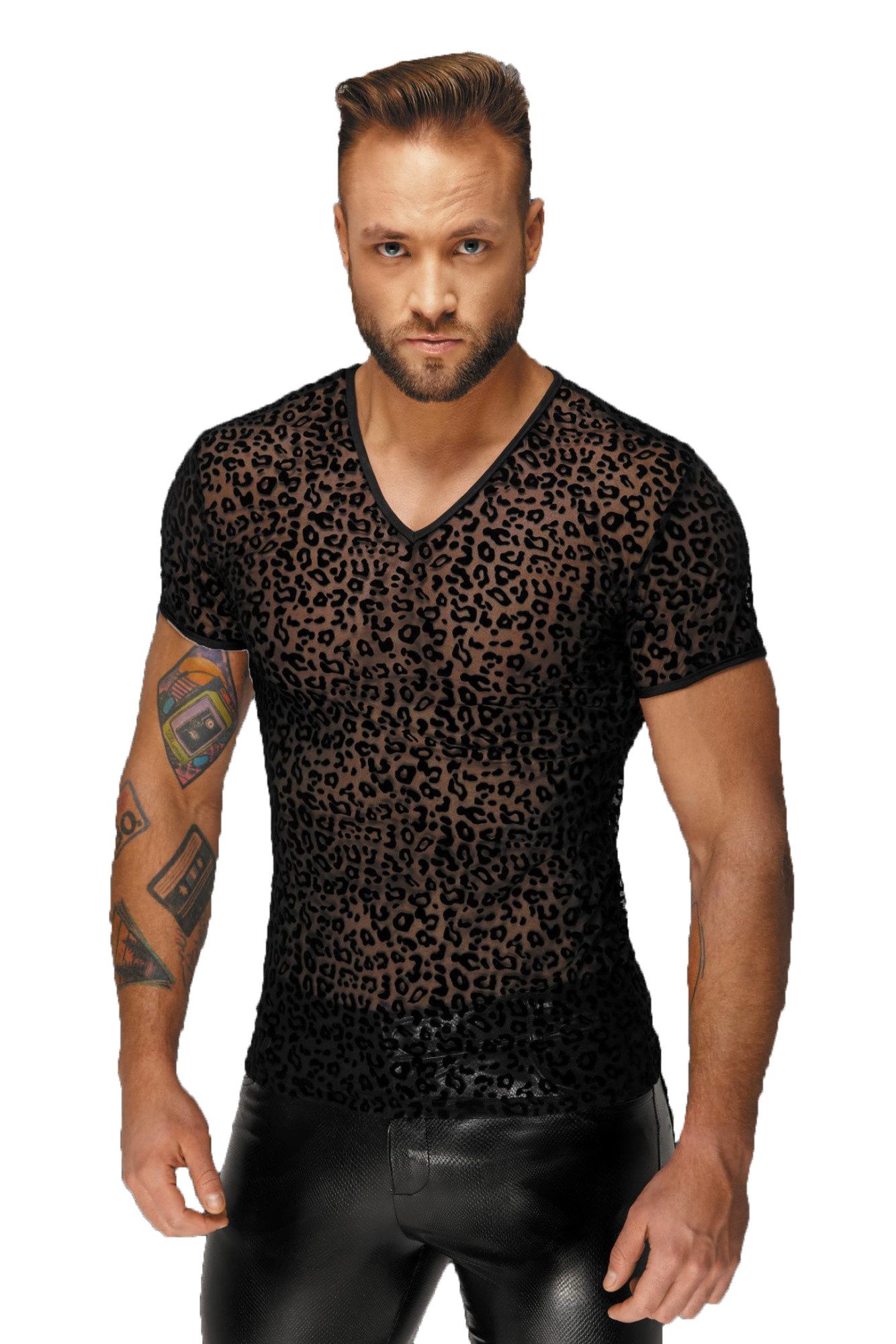 Noir Handmade Men Collection T-Shirt Transparentes Leopard Flock Herren T-Shirt in schwarz mit V-Ausschnitt