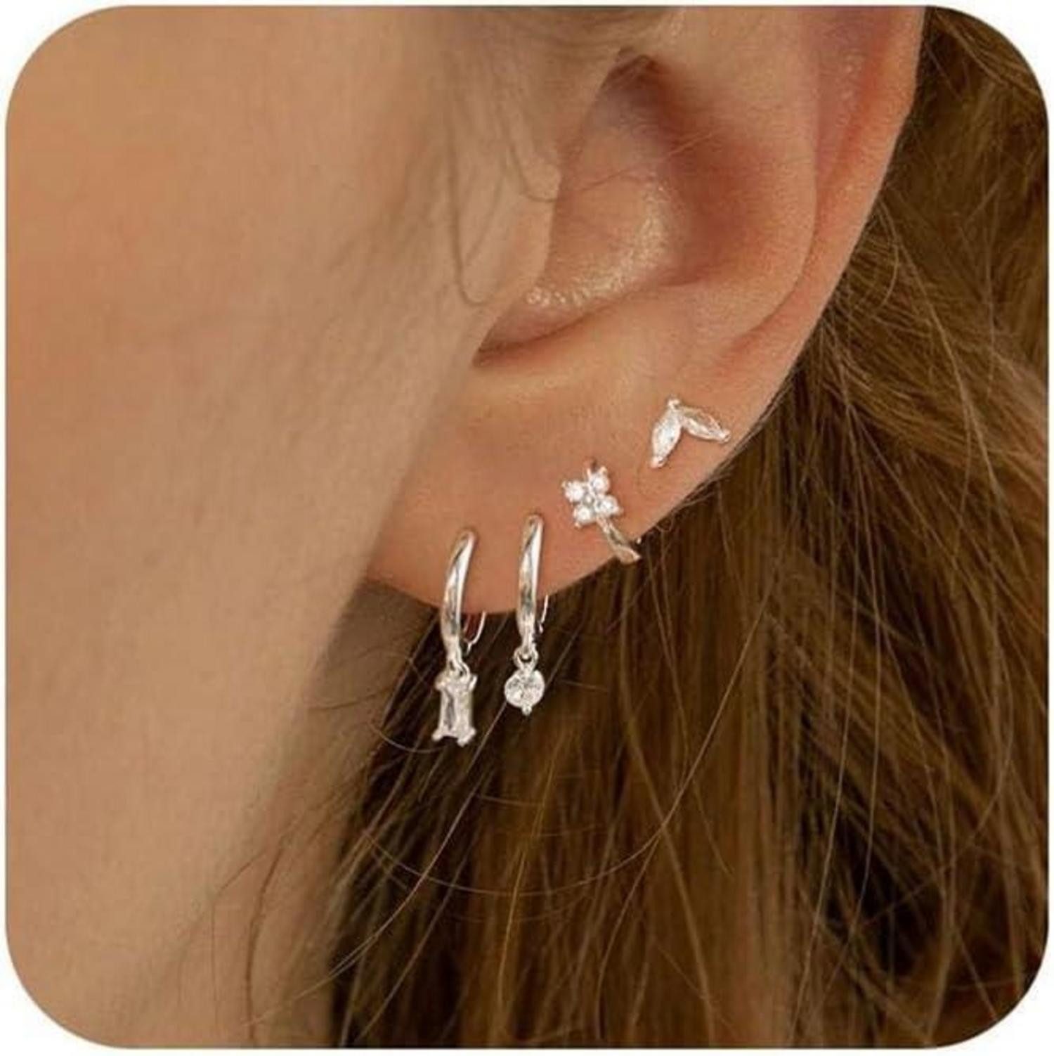 Ohrring und Ketten Set Ohrringe Silber 925 Vergoldet Damen Creolen Ohrstecker Zirkonia