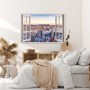 Sinus Art Leinwandbild Wandbild 120x80cm Fensterbild Hongkong Skyline Hochhäuser Megacity Son, (1 St)