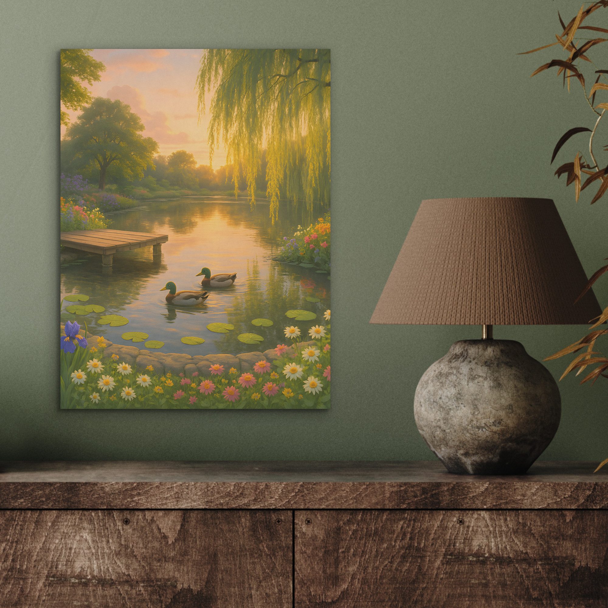 MuchoWow Gemälde Enten - Teich - Blumen, Fotodruck (1 St), Akustikpaneele, Wandpaneele, Schalldämmung, Akustikbilder 30x40 cm