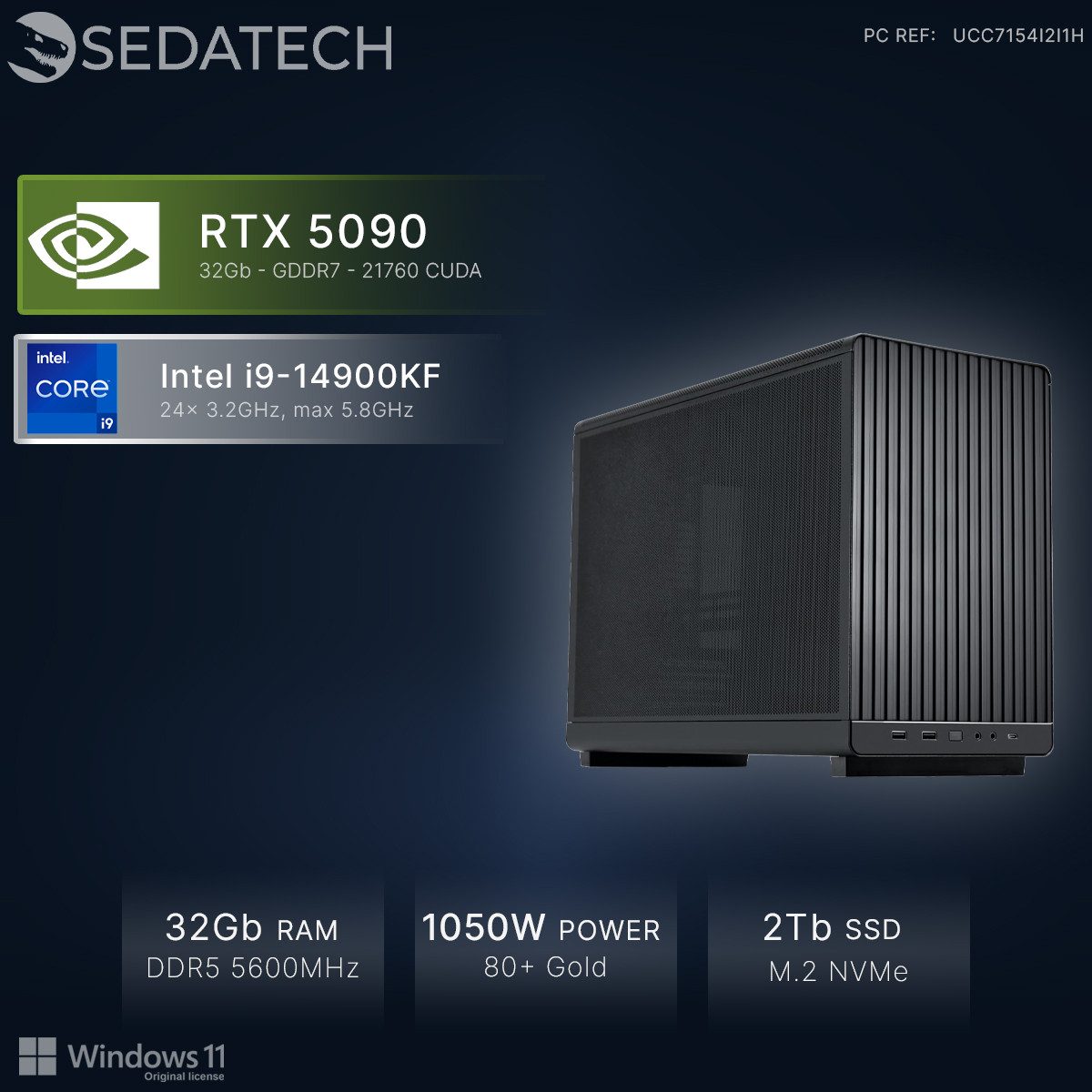 Sedatech UCC7154I2I1HF - Workstation Mini-PC (Intel Core i9 14900KF 24x 3.2GHz (max 5.8GHz), Geforce RTX5090 32GB, 32 GB RAM, 2000 GB SSD, Wlan 6E)