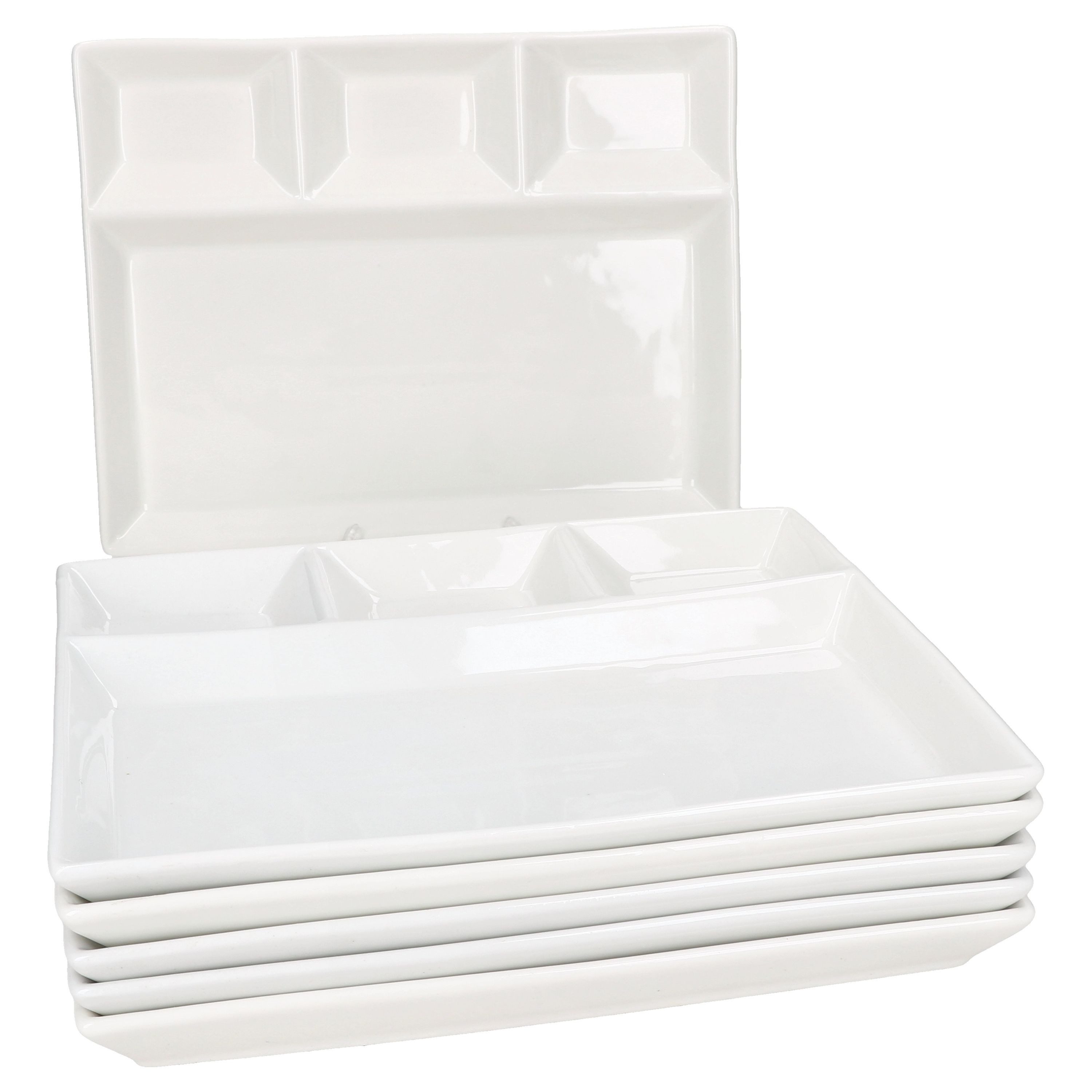 MamboCat Frühstücksteller 6er Set Fondueteller weiß 23x18 cm mit 4 Fächern Raclette Fondue Dip