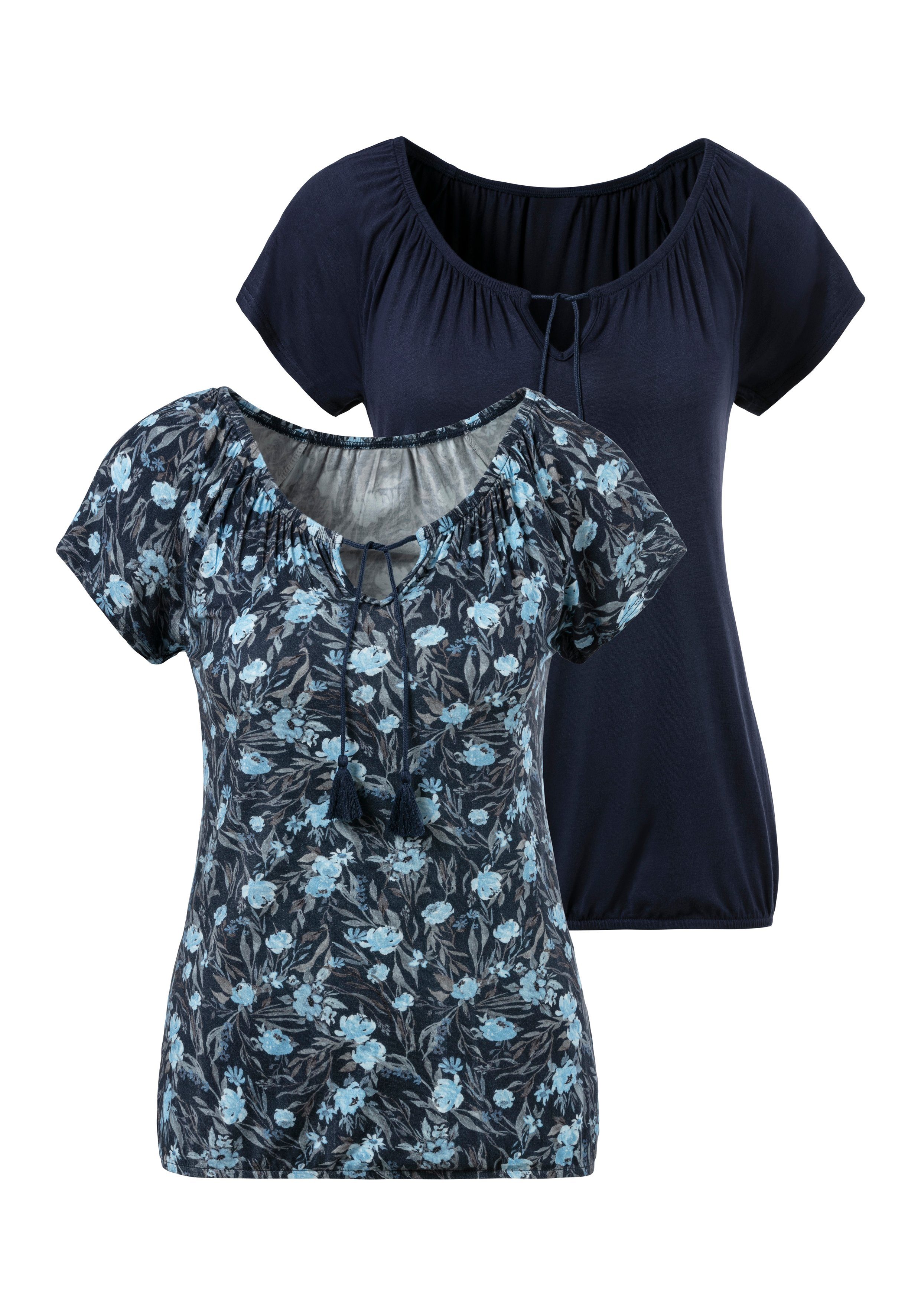 Vivance T-Shirt (2er-Pack) mit am navy navy-bedruckt, Ausschnitt Tassel Bindeband und