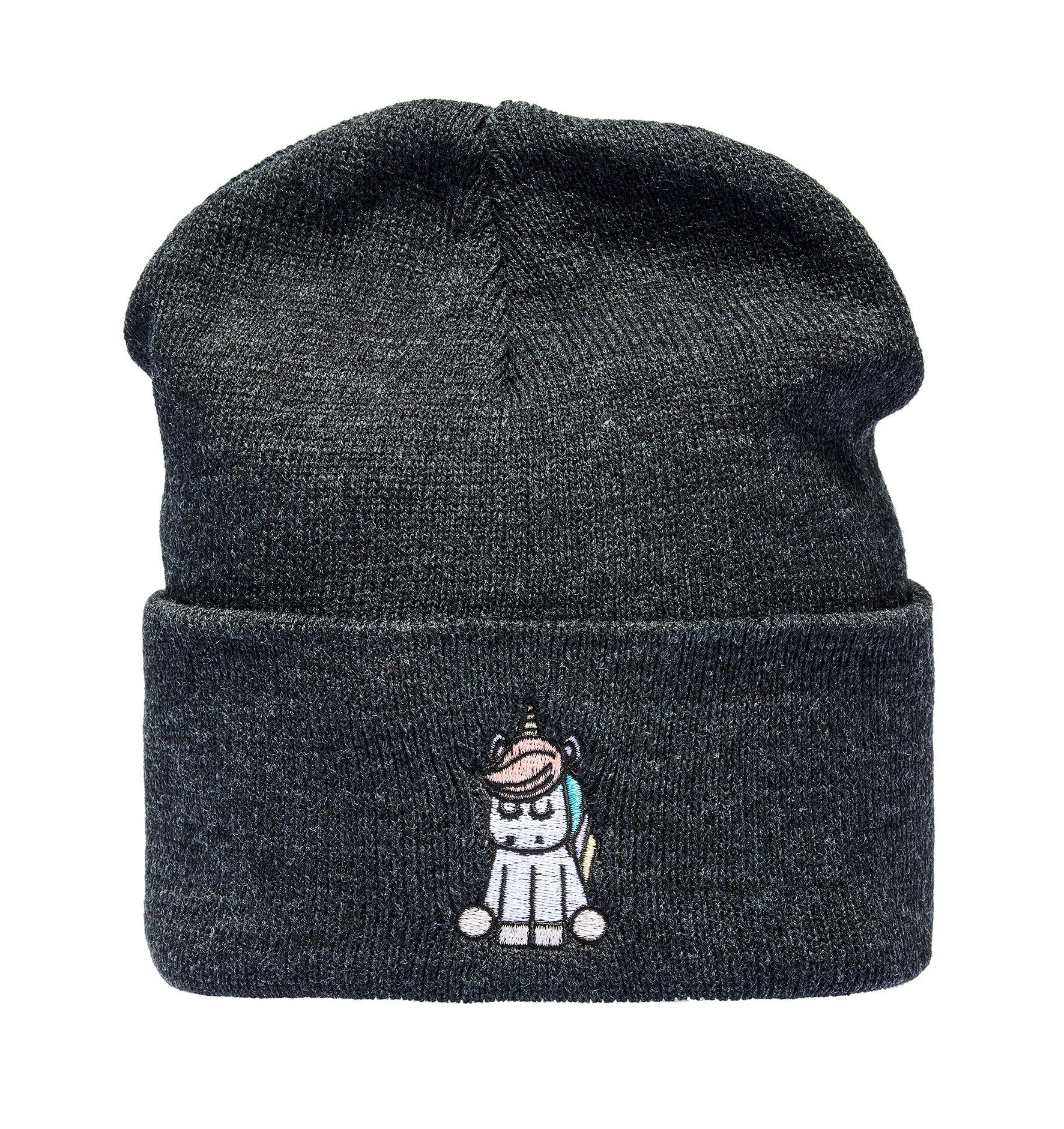 Baddery Beanie Strickmütze: "Einhorn" - Beanie / Winter / Wollmütze / Rollmütze, hochwertiger doppellagiger Strick, Stick-Motiv, One Size