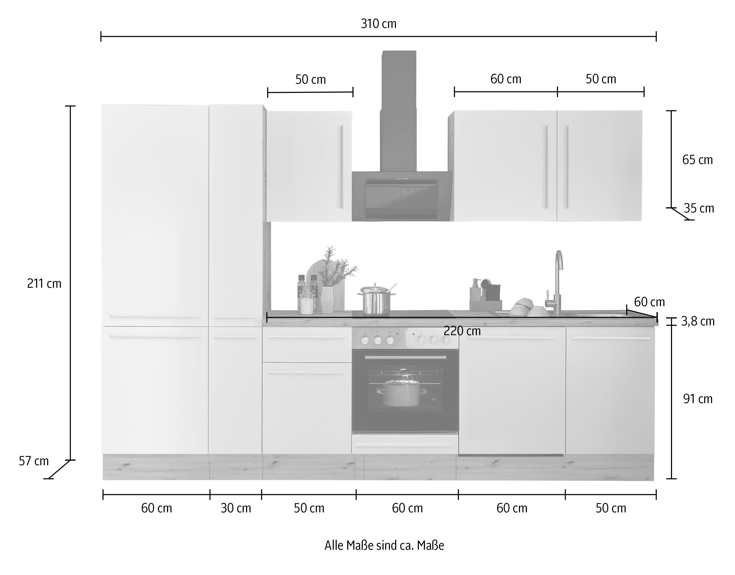 KOCHSTATION Küchenzeile Florida, Breite 310 cm, wahlweise mit E-Geräten,Softclose für Türen/Schubkästen
