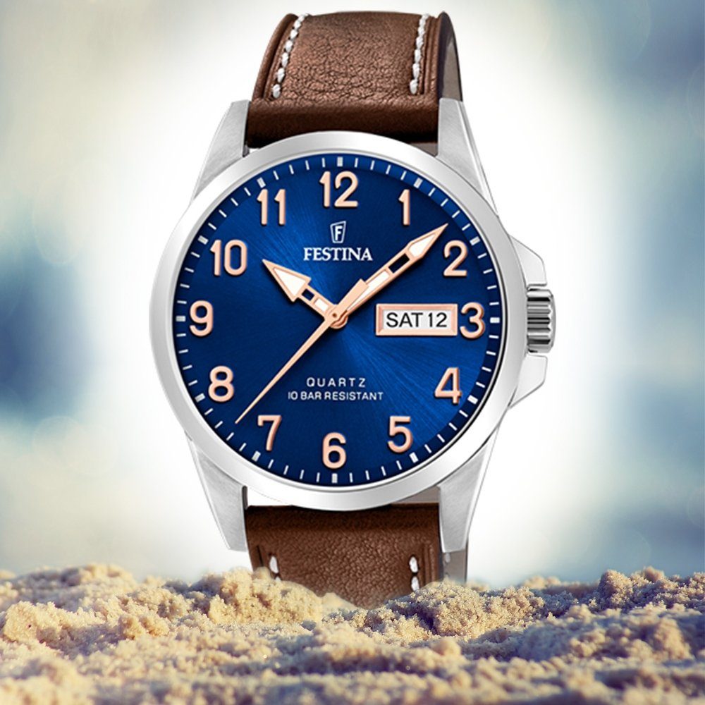 Festina Quarzuhr Festina Herren Uhr F20358/B Edelstahl, (Analoguhr), Herren Armbanduhr rund, Lederarmband braun