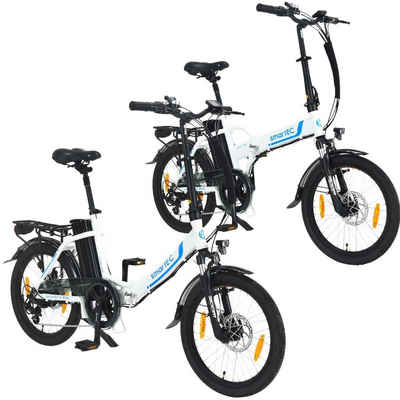 smartEC E-Bike 20 Zoll Klapprad Camp-20D + Camp-20H Weiß, 7 Gang Shimano Tourney Schaltwerk, Kettenschaltung, Hinterrad-Nabenmotor, 562,00 Wh Akku, Batterie, (2er Set), Damen/Herren Unterstützung 25 km/h Anfahrhilfe Scheibenbremse StVZO