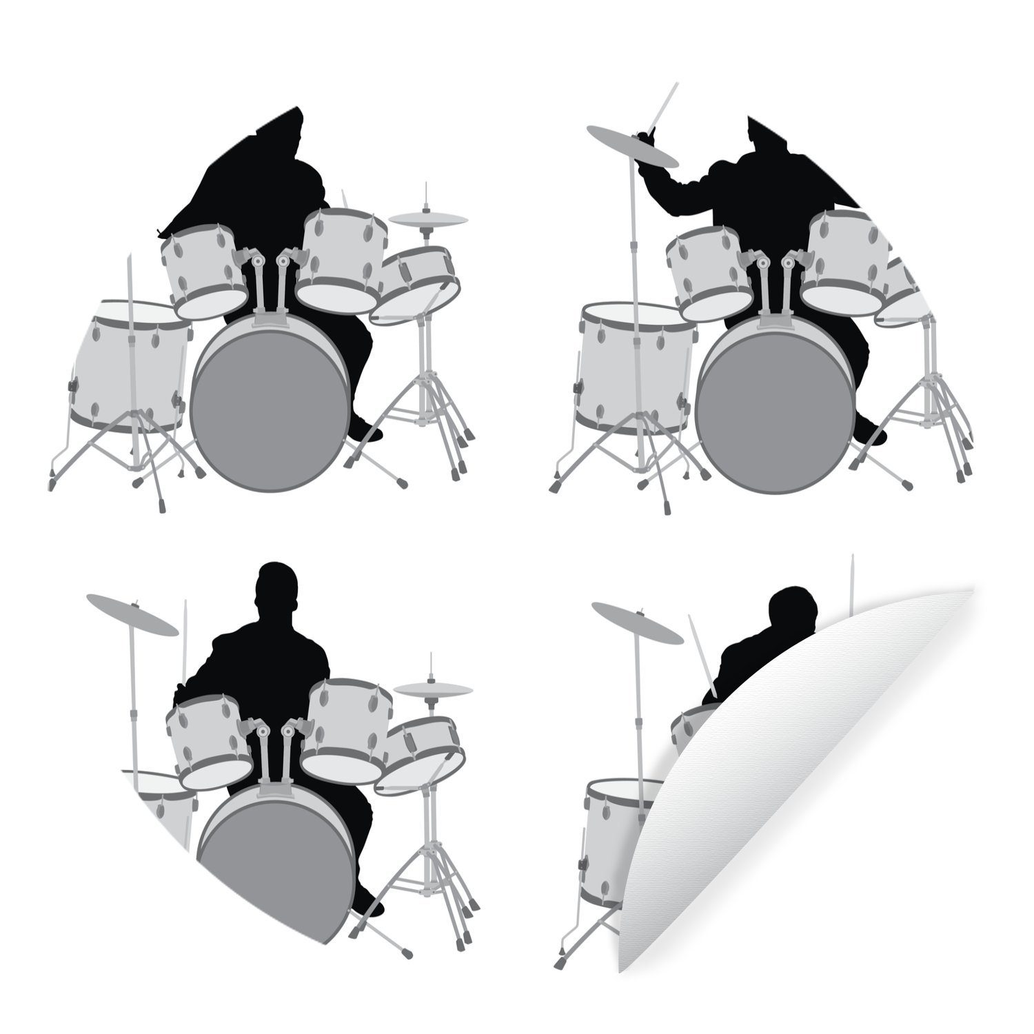 MuchoWow Wandsticker Vier Abbildungen einer Person hinter einem Schlagzeug in Schwarz-Weiß (1 St), Tapetenkreis für Kinderzimmer, Tapetenaufkleber, Rund, Wohnzimmer