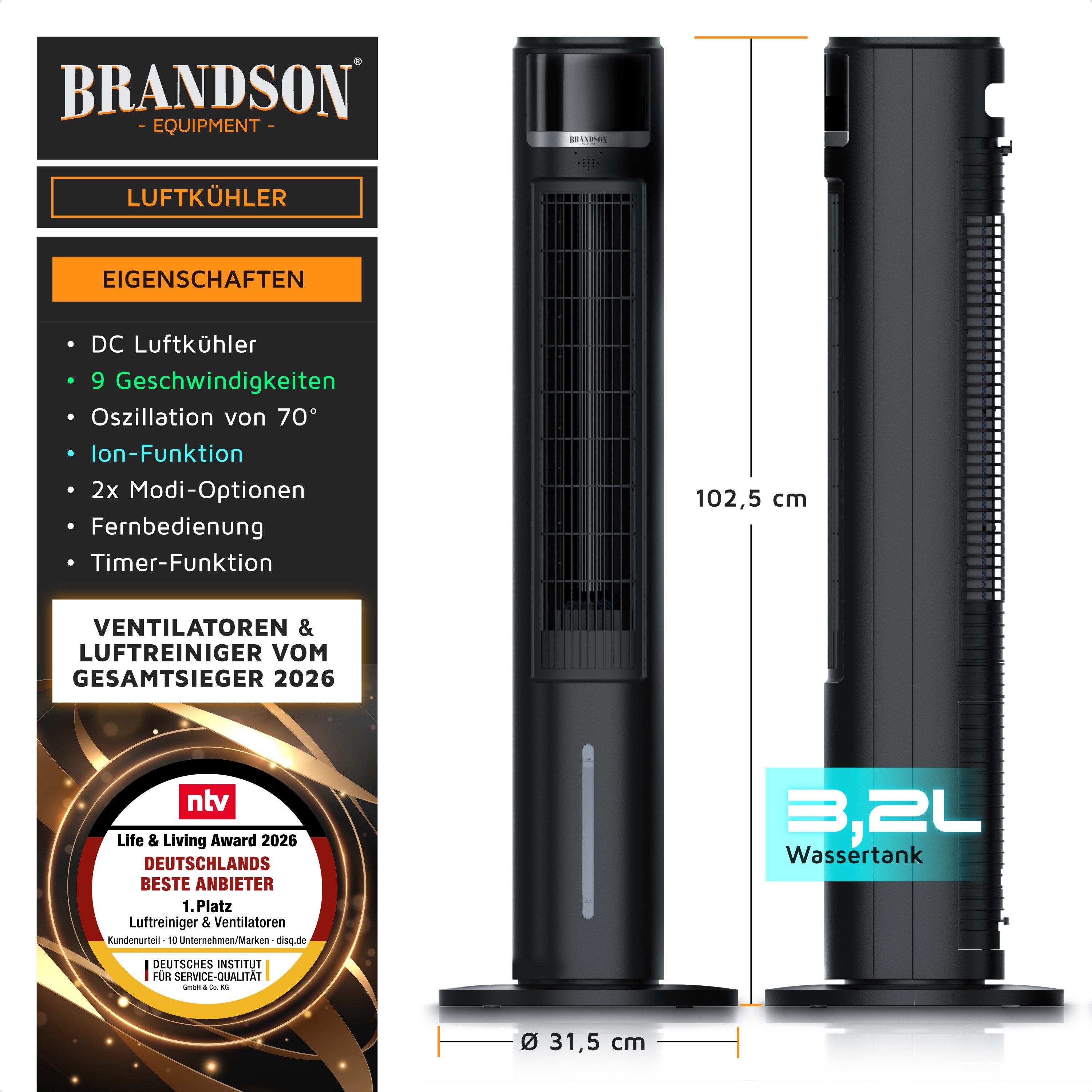 Brandson Ventilatorkombigerät Mobiler Luftkühler, 3,2L Wassertank, Fernbedienung, NTV Sieger 2026, Luftbefeuchter, Verdunstungskühler 9 Stufen, Oszillation, Ion-Funktion