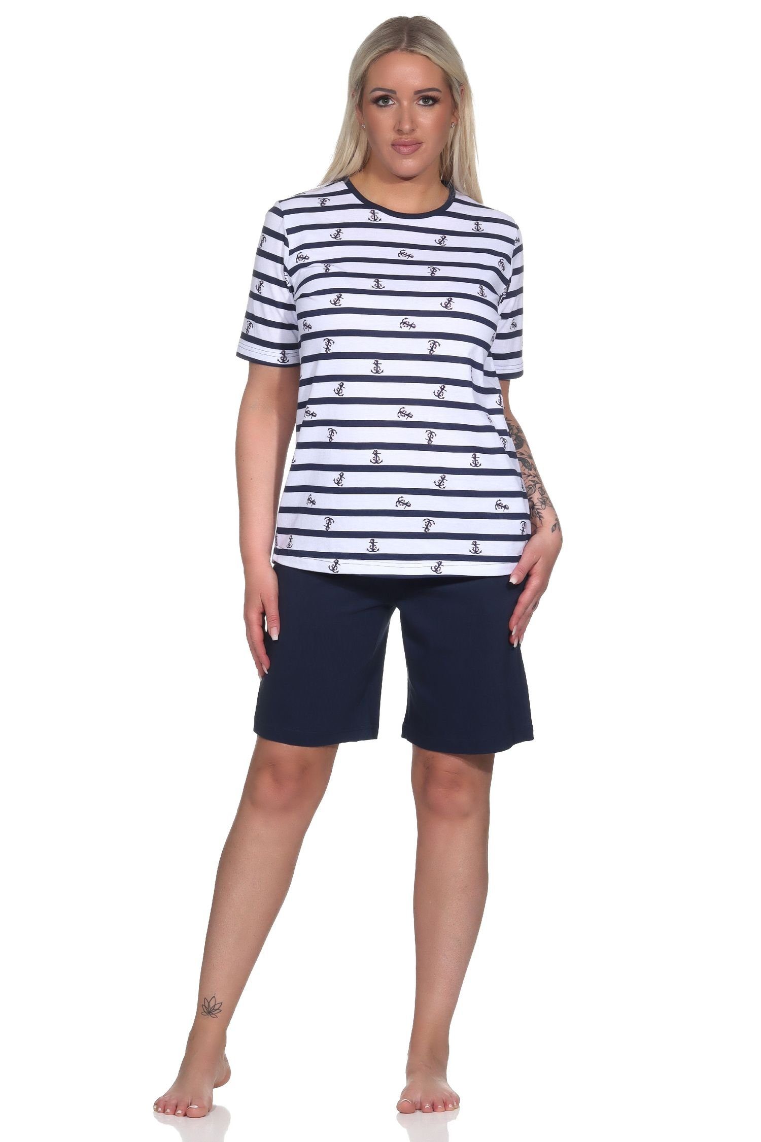 Shorty - in Pyjama maritime Damen Übergrößen Optik Schlafanzug auch marine kurzarm Normann
