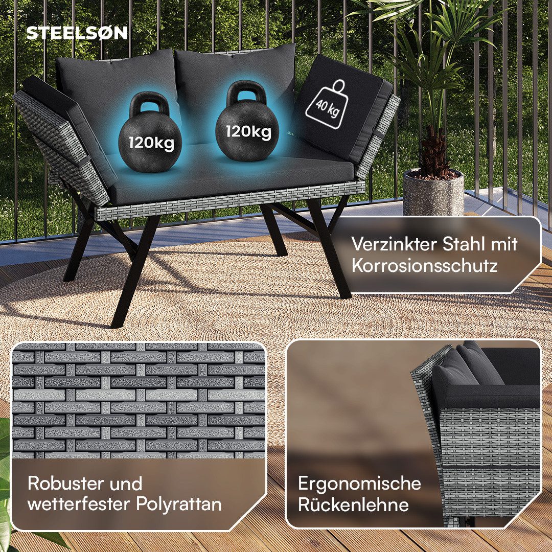 STEELSØN Gartenbank Elytra Relax-Lounge mit klappbaren Armlehnen (grau-meliert/anthrazit, inkl. Kissen), 4 Positionen dank Liegefunktion, Rattan Sitzbank wetterfest