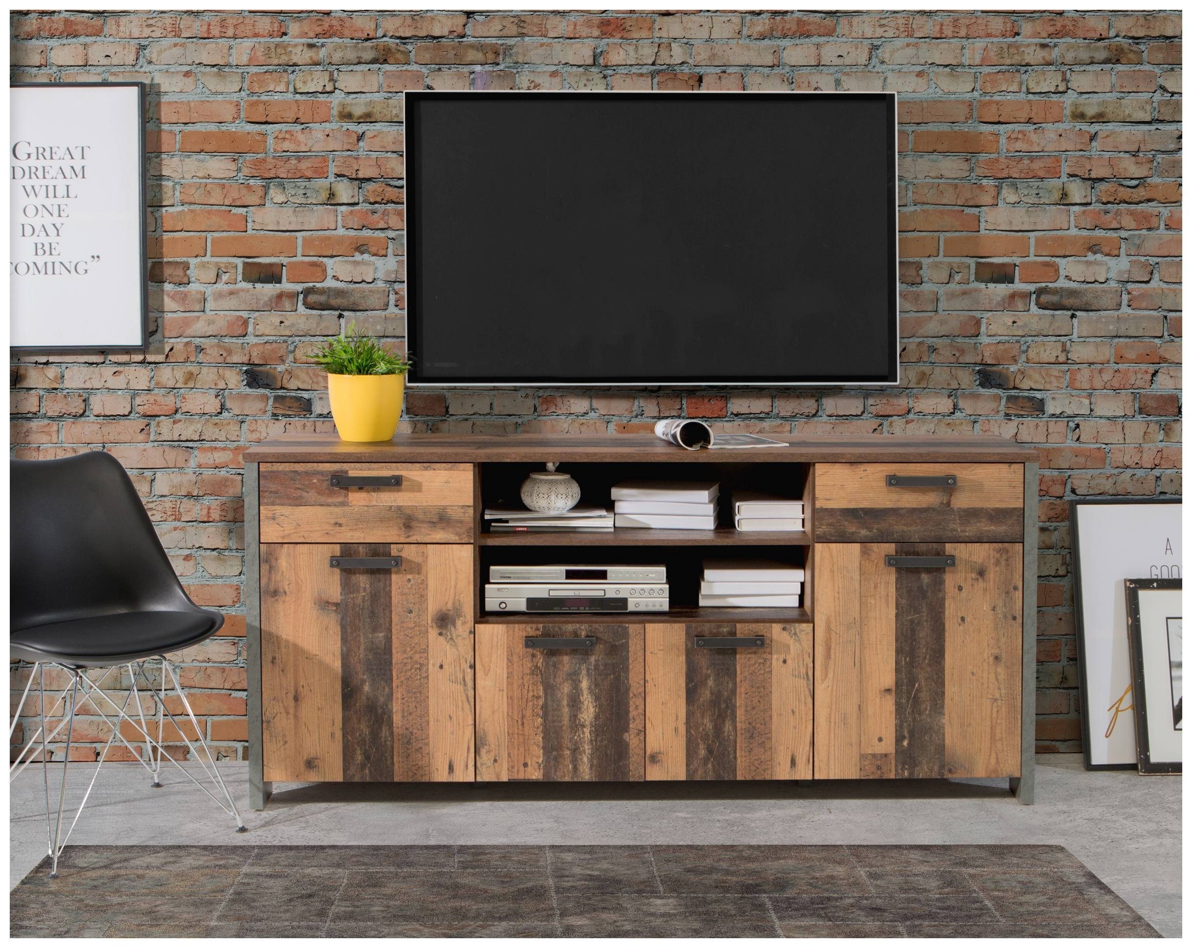 FORTE Sideboard Sideboard Kommode CLIF 4 Türen 2 Schubladen Optik: Old Wood günstig online kaufen