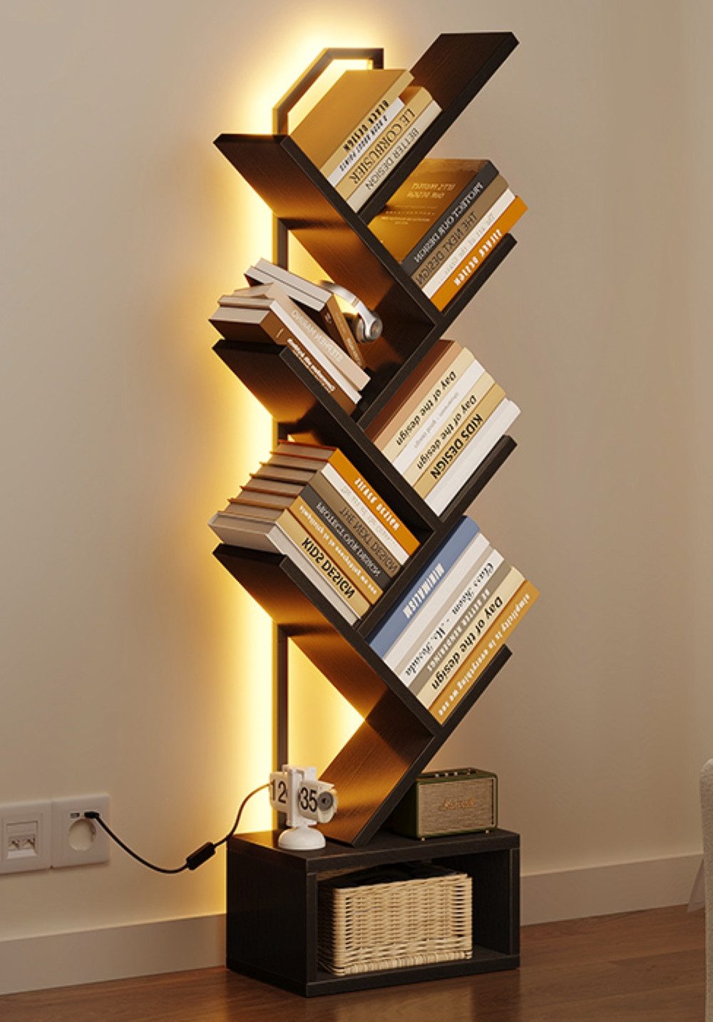 ODK Bücherregal in baumförmiger Optik, 6 offene Regale in Schwarz/Weiß, 1-tlg., mit integriertem LED-Lichtband – Ideal für Wohnzimmer & Schlafzimmer