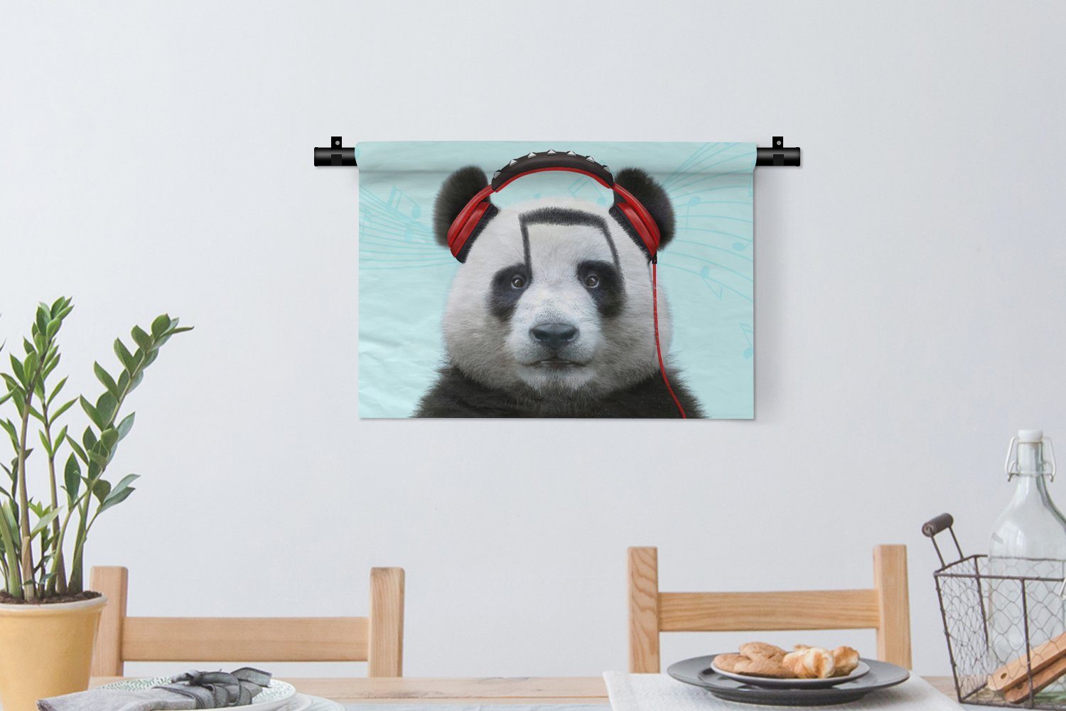 Tier Schlafzimmer, Wandbehang, Musiknoten Wanddeko Panda Wanddekoobjekt Wohnzimmer, für - - MuchoWow Kleid, - Kopfhörer Rot, - Kinderzimmer