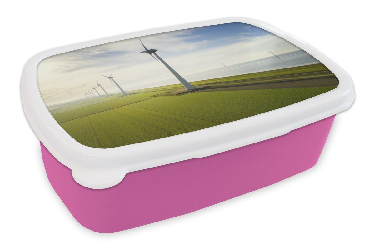 MuchoWow Lunchbox Meer - Windmühle - Niederlande, Kunststoff, (2-tlg), Brotbox für Erwachsene, Brotdose Kinder, Snackbox, Mädchen, Kunststoff rosa