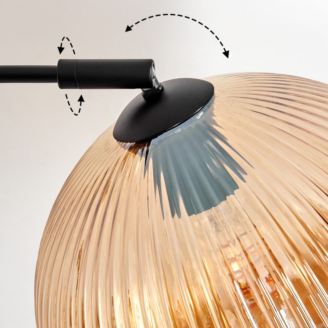 hofstein Bogenlampe Stehlampe aus Metall/Riffelglas in Schwarz/Bernstein mit Marmorfuß, ohne Leuchtmittel, moderne Stehleuchte verstellbar, Ø Schirm 25 cm, Fußschalter, E27