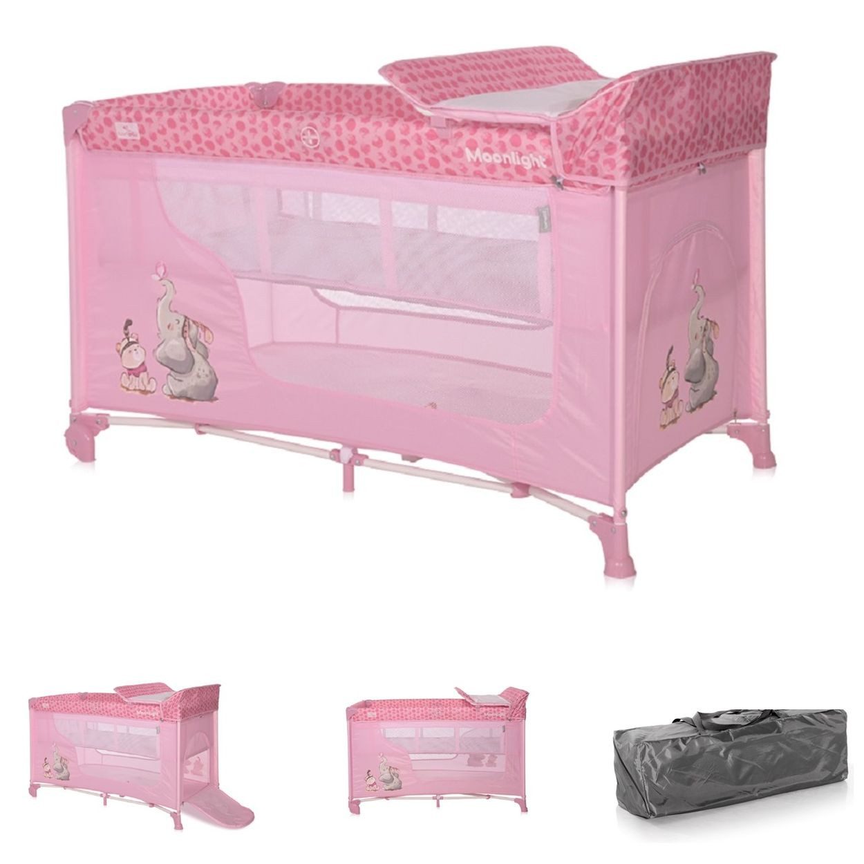 Lorelli Baby-Reisebett Moonlight 2 Ebenen, Wickelauflage, Räder, Seiteneingang, Tragetasche, Laufstall, Polyester