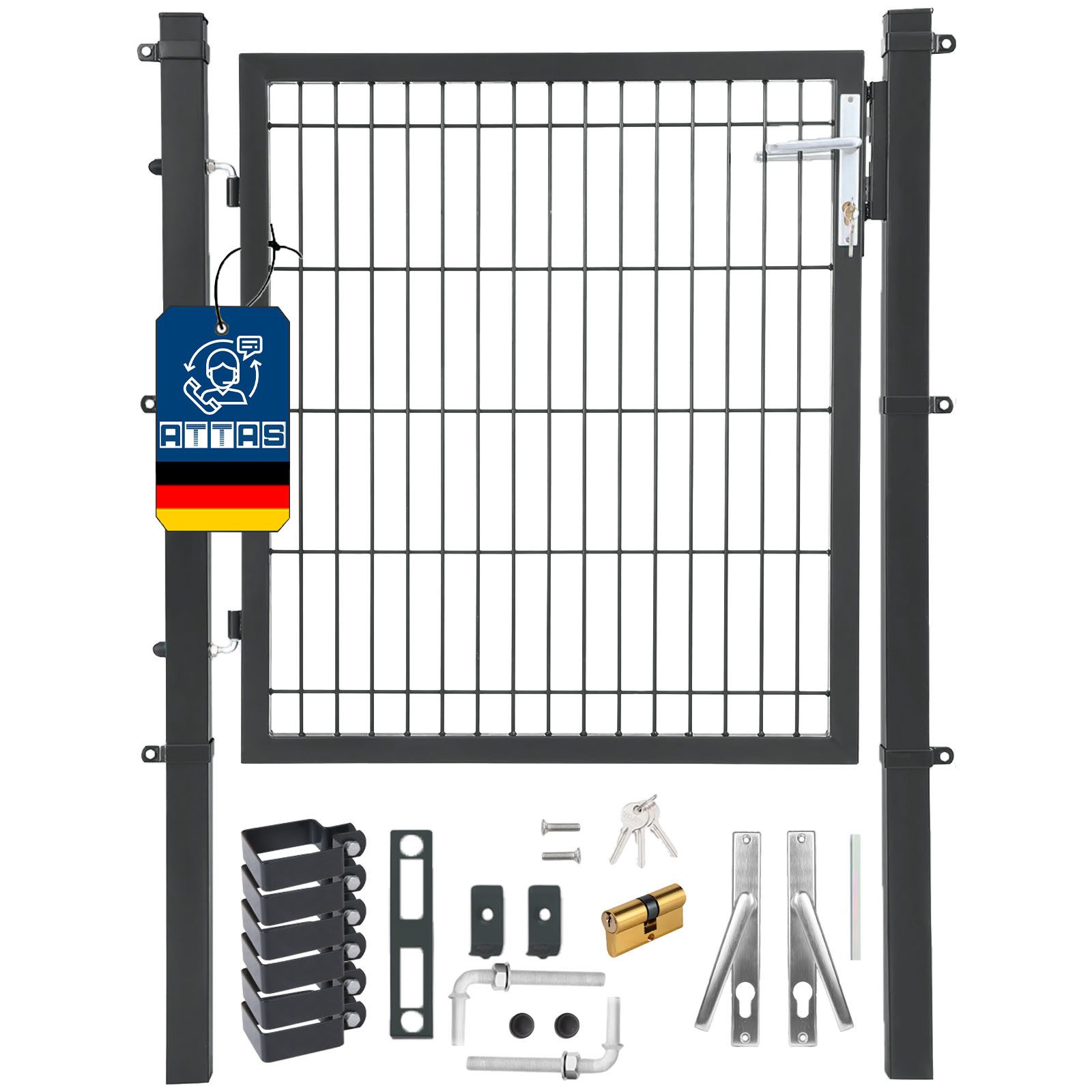 ATTAS Gartentor Metall Gartentür, (pulverbeschichtet, abschließbar mit Schloss & 3 Schlüsseln, Zauntor für Doppelstabmattenzaun, Hoftor, Zauntür), inkl. Schloss, Schlüssel, Befestigungsklammern, Drückergarnitur