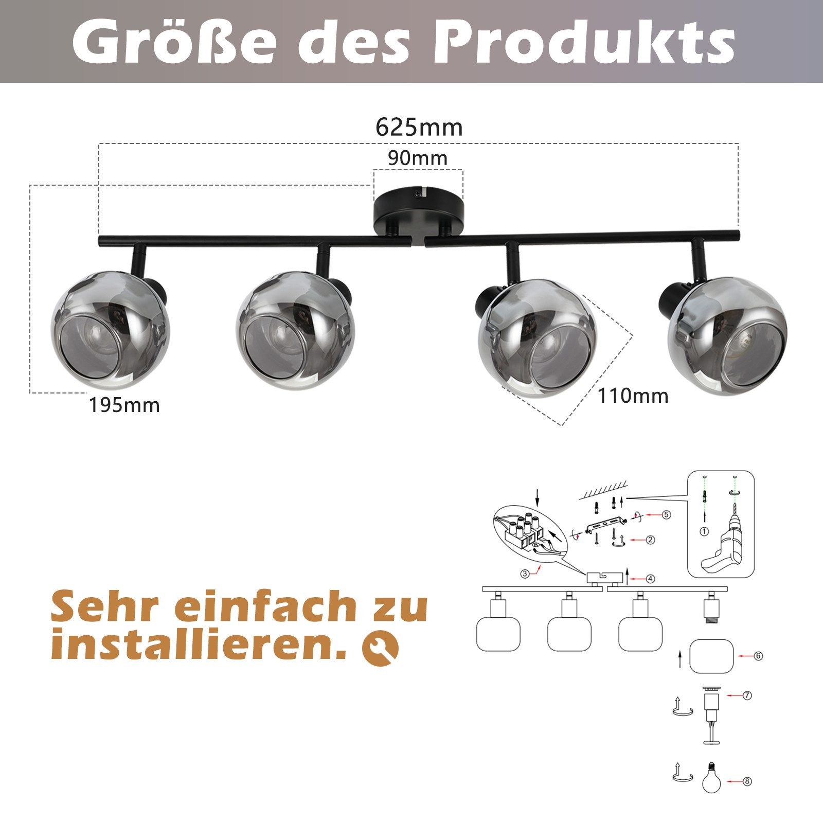 ZMH Deckenleuchte Wohnzimmer 350° Drehbar Rauchgrau Glas Retro Flurlampe für Küche, Vertikale Drehung: 90 Grad, ohne Leuchtmittel – Bild 4 von 5