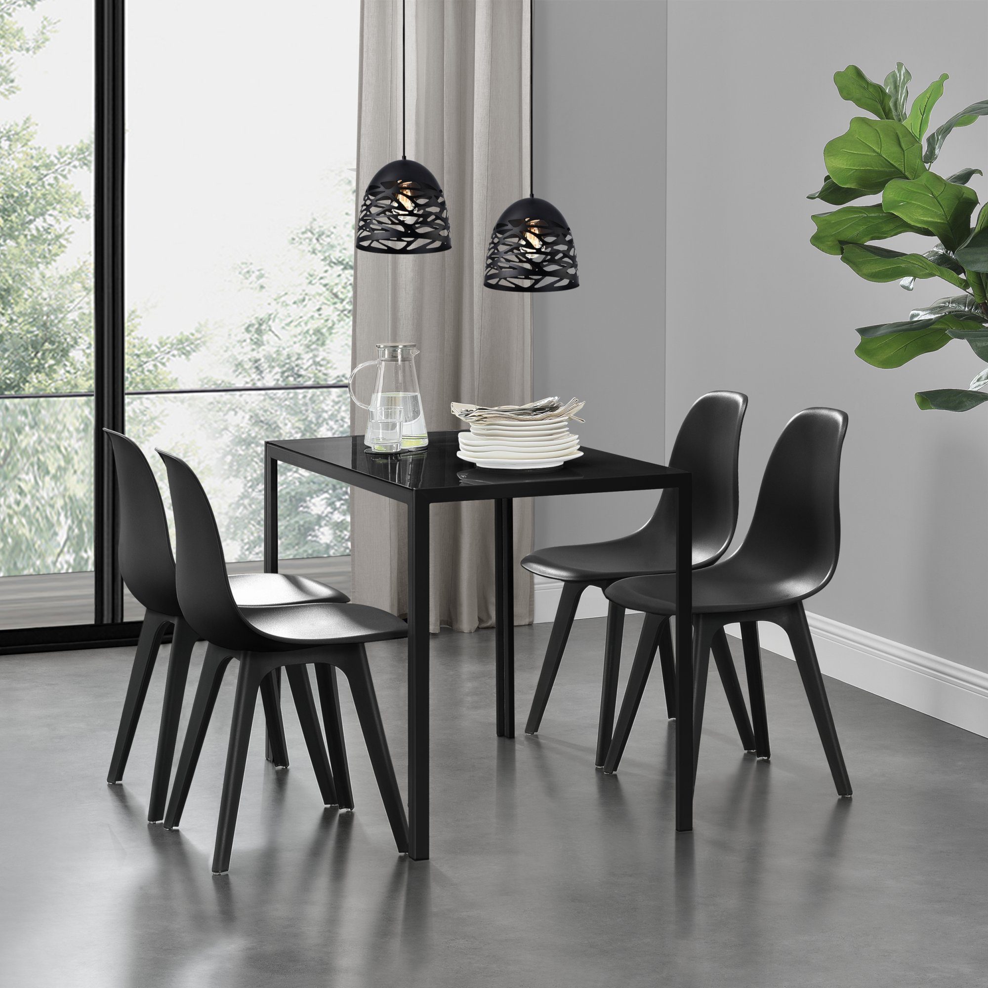 5-tlg., schwarz »Stathelle« Stühle, 1 4 mit Tisch), Stühle Kunststoff Essgruppe, en.casa Küchentisch (Set, Glasplatte