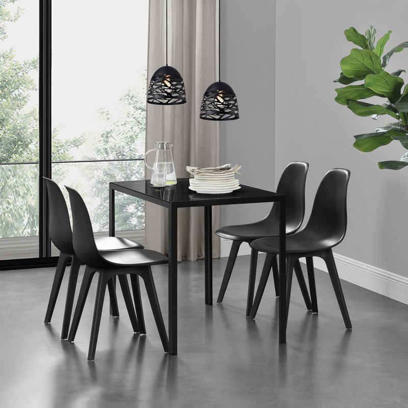 en.casa Essgruppe, (Set, 5-tlg., 4 Stühle, 1 Tisch), »Stathelle« Küchentisch mit Glasplatte Kunststoff Stühle schwarz