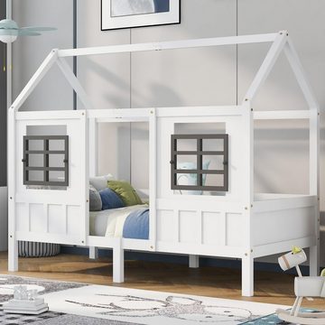 WISHDOR Kinderbett Jugendbett Einzelbett (weiß (200x90cm) mit Lattenrost ohne Matratze), Kinderbett mit 2 Fenstern, Rahmen aus Kiefer, MDF