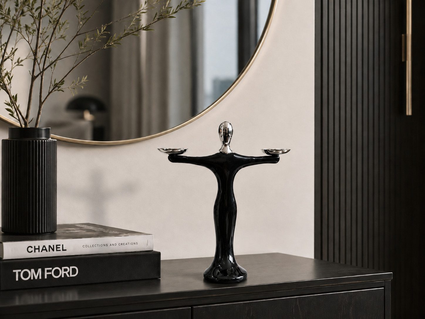 JVmoebel Dekofigur Schwarze Balance Skulptur Silber Kerzenhalter Modern Edel Sofort (Einzelartikel, 1-teilig), Schwarz-silberfarbenes Design
