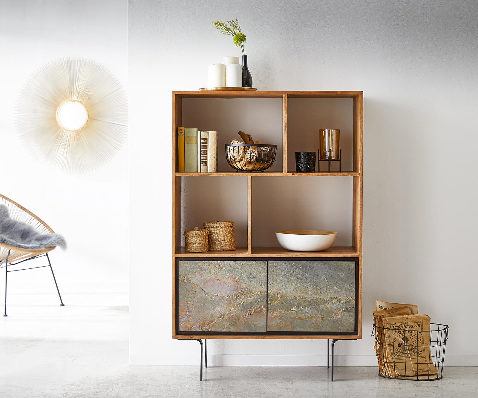 DELIFE Highboard Juwelo, 88 cm Akazie Natur Stein Beine Schwarz