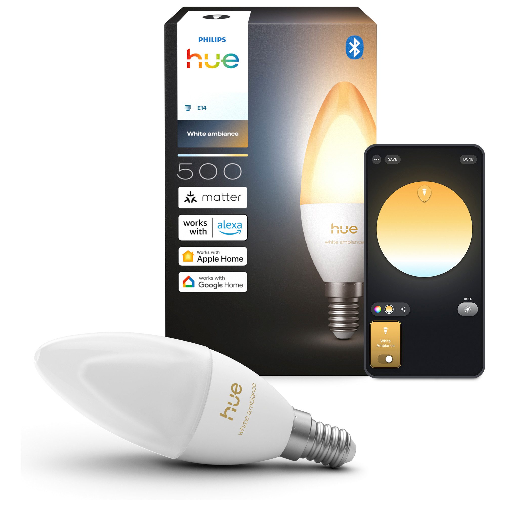Philips Hue LED-Leuchtmittel Smarte Kerzenlampe, E14, 500 lm, White Ambiance, 1er‑Pack, E14, 1 St., Farbwechsler, 1000–20000K, auf 0,2% dimmbar, App‑ & Sprachsteuerung