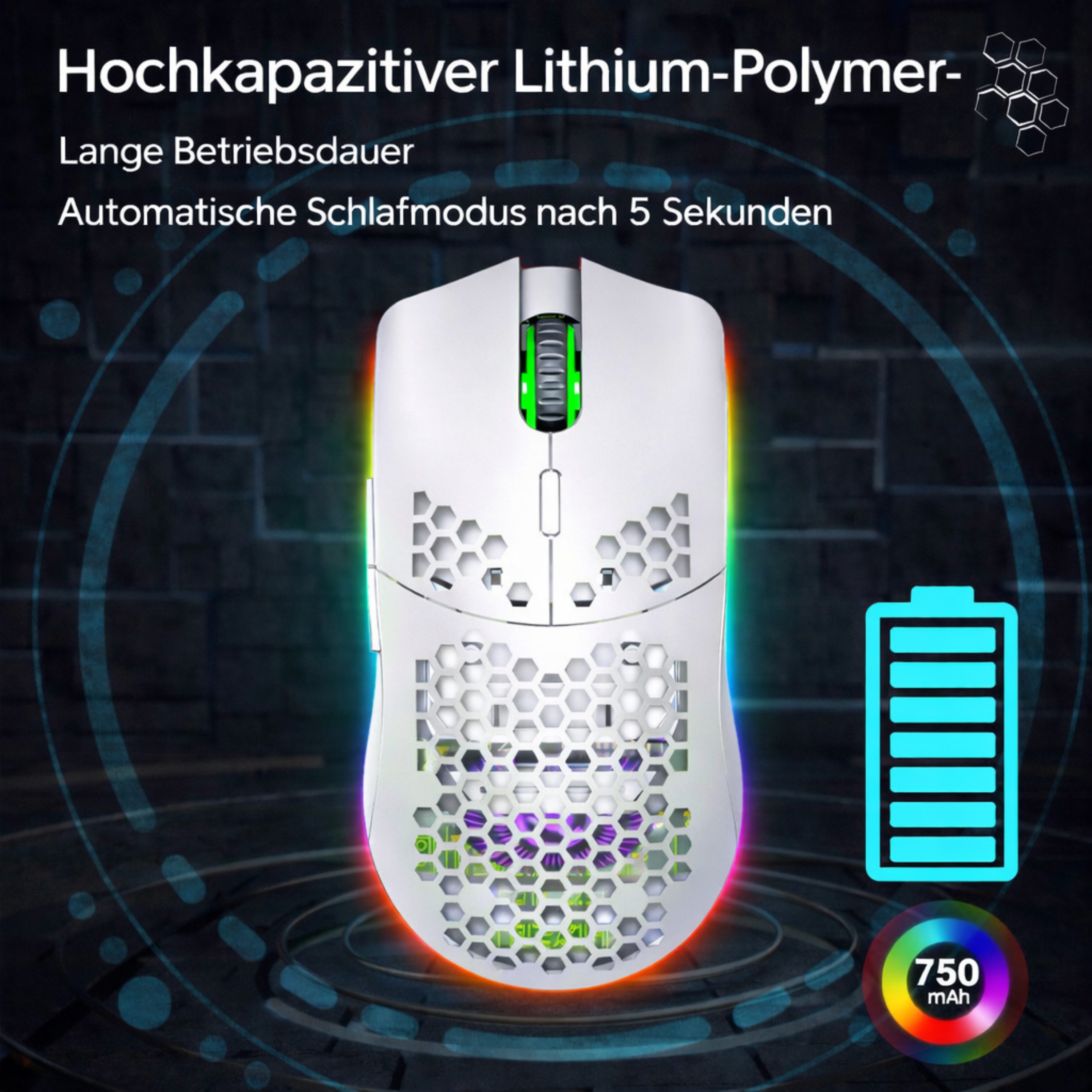 RUHE RGB Gaming Maus Kabellos Wireless Laut Maus Beleuchtung Plug & Play Gaming-Maus (Funk, 2.5G, USB-Dongel, Kabelgebunden Aufladbar, Drahtlos, Optische Maus, 3600 dpi, 10M Einstellbar DPI Schwarz Weiß 6 Tasten für Laptop/PC/Mac/Computer)