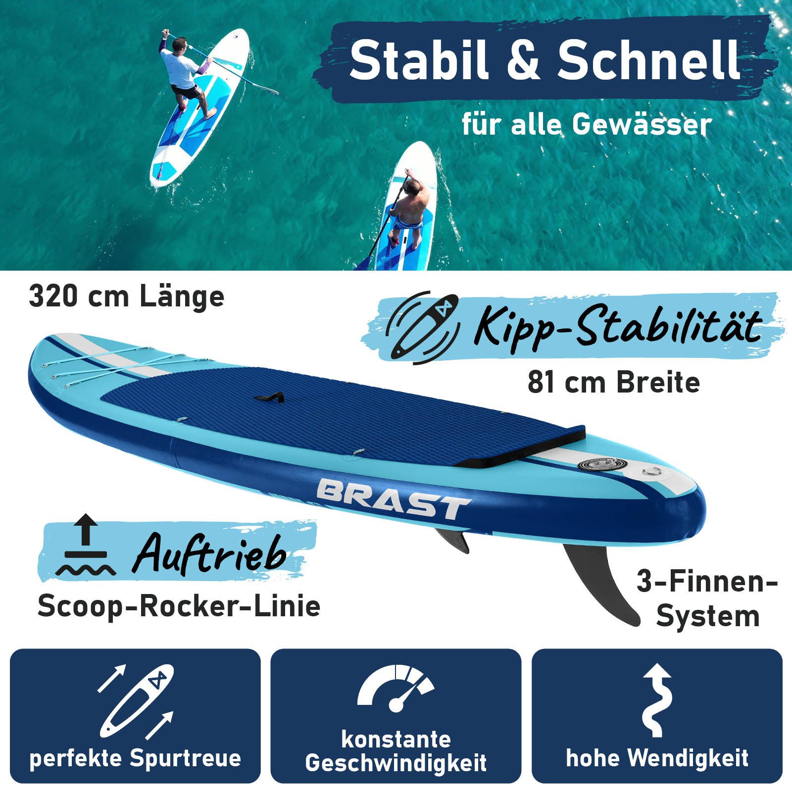 BRAST SUP-Board Shark, Aufblasbares Stand up Paddle Set, 320x81x15cm, 8 Designs, 5 Jahre Garantie, inkl. Sonderzubehör