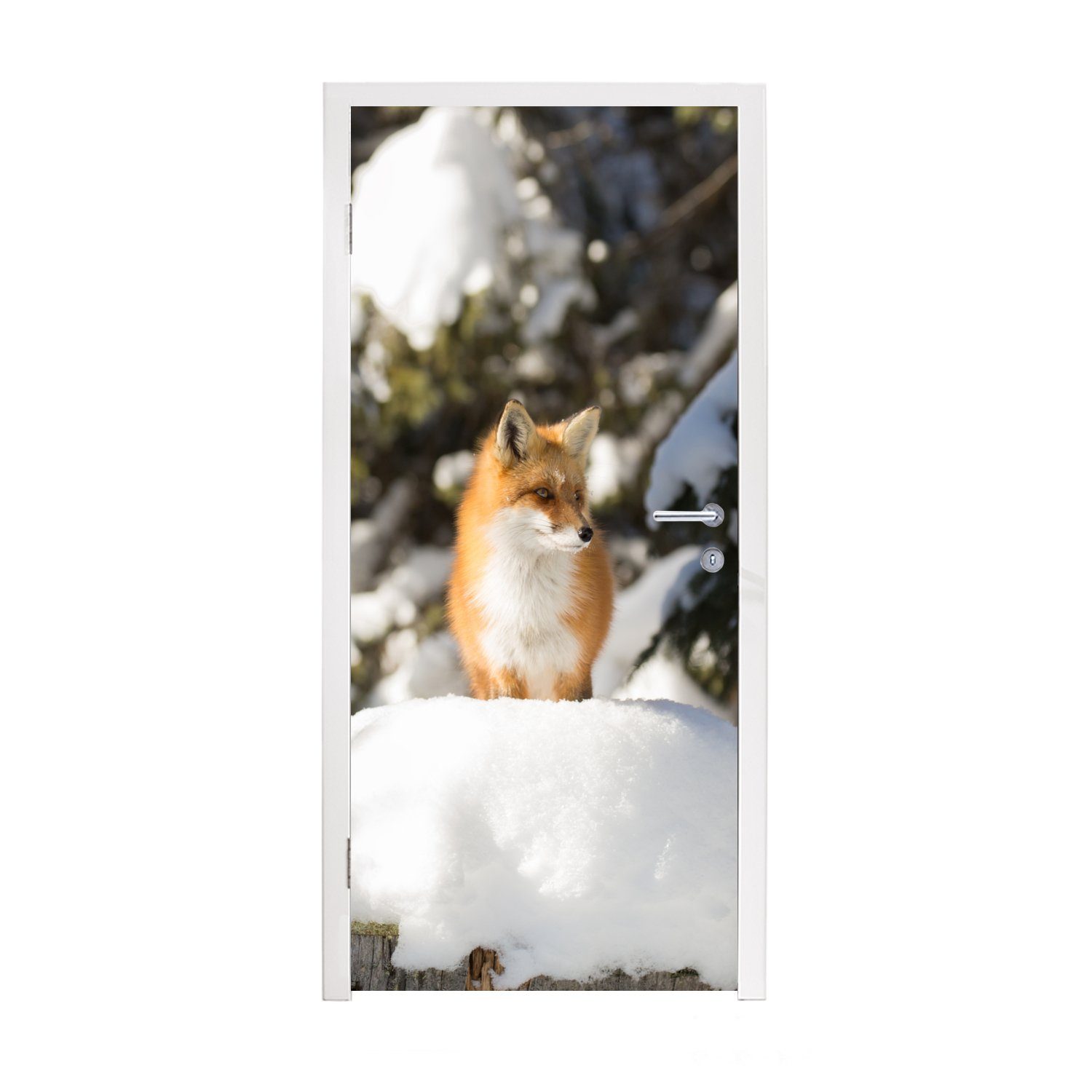 MuchoWow Türtapete Fuchs - Schnee - Baum, Matt, bedruckt, (1 St), Fototapete für Tür, Türaufkleber, 75x205 cm