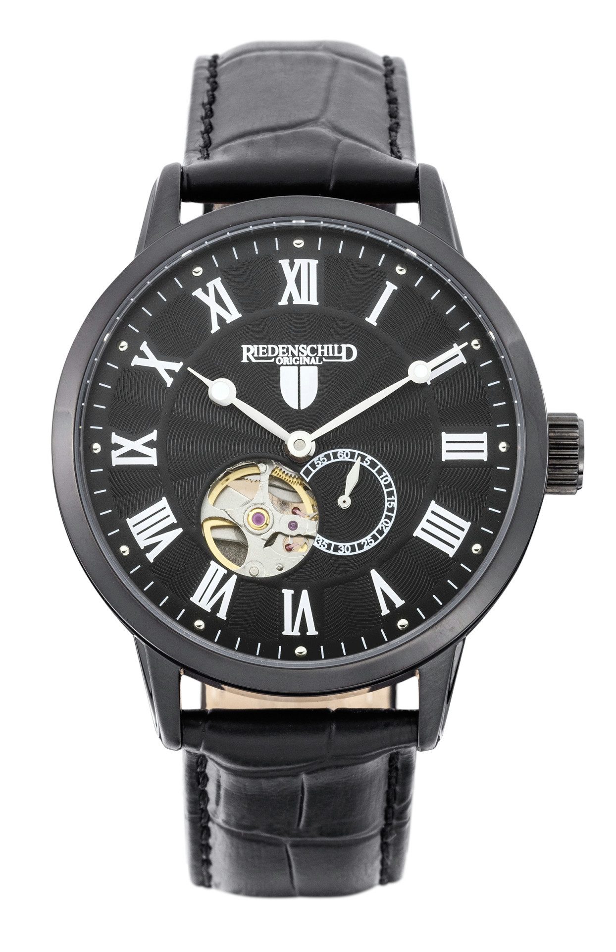 Automatikuhr Herren – 42 mm, offenes Herz, schwarzes Zifferblatt & Lederarmband RS7601-03