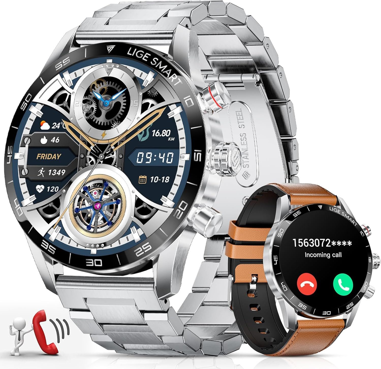 Lige ST2-q PRO-WSD Smartwatch (3,6 cm, android ios), Smartwatch mit AMOLED Display Bluetooth Telefonie Fitness Tracking