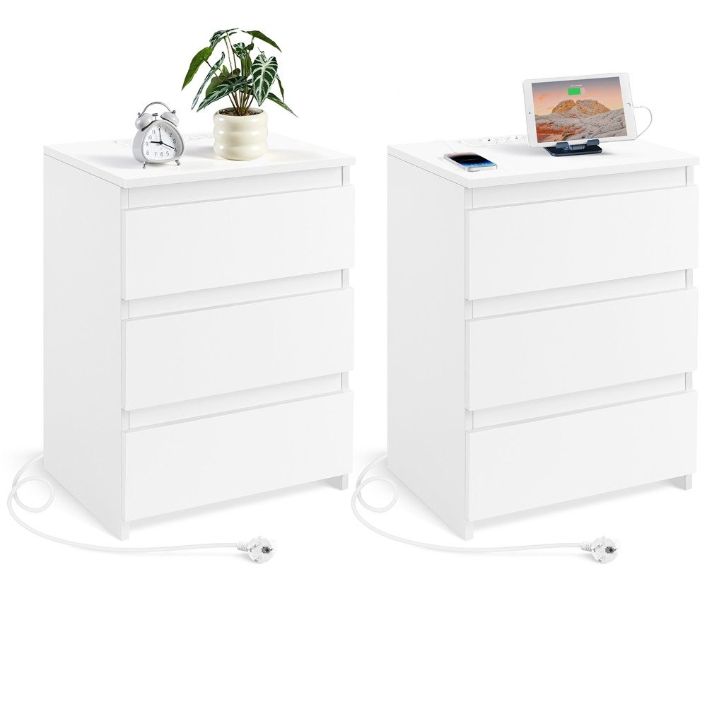 Yaheetech Nachttisch mit Ladestation, 2 USB-Anschlüsse und 2 AC-Steckdosen (2-St), Beistelltisch mit 3 Schubladen, 45,5 × 35,5 × 60,5 cm