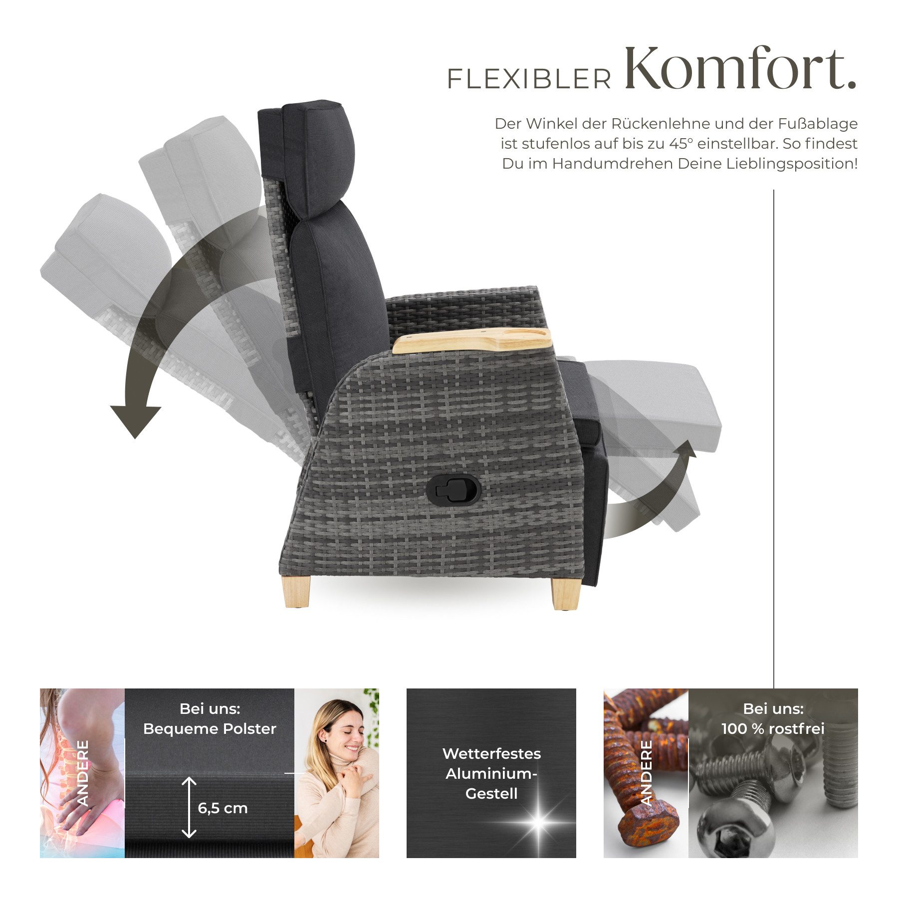 tectake Rattanstuhl Rattansessel Pescara mit Aluminiumgestell, Lehne verstellbar (Set, 1 St), Stabiles und belastbares Gestell aus leichtem & rostfreiem Aluminium