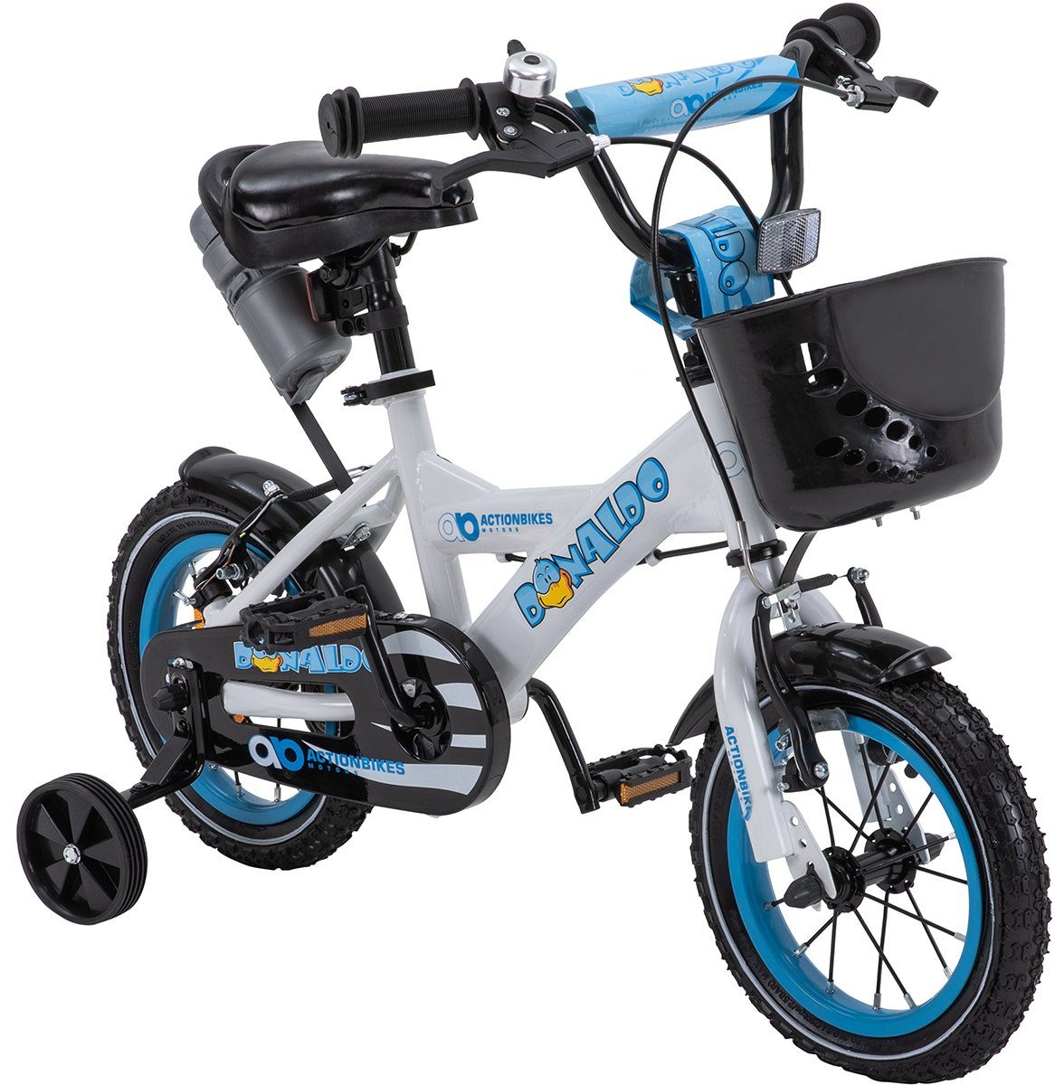 Actionbikes Motors Kinderfahrrad Kinder Fahrrad BMX Donaldo inkl. Korb -  weiß / blau, 1 Gang, ohne Schaltung, (12 Zoll, ab 95 cm Körpergröße, max.  Zuladung 35 kg, abnehmbare Stützräder, Klingel, Trinkflasche inkl.
