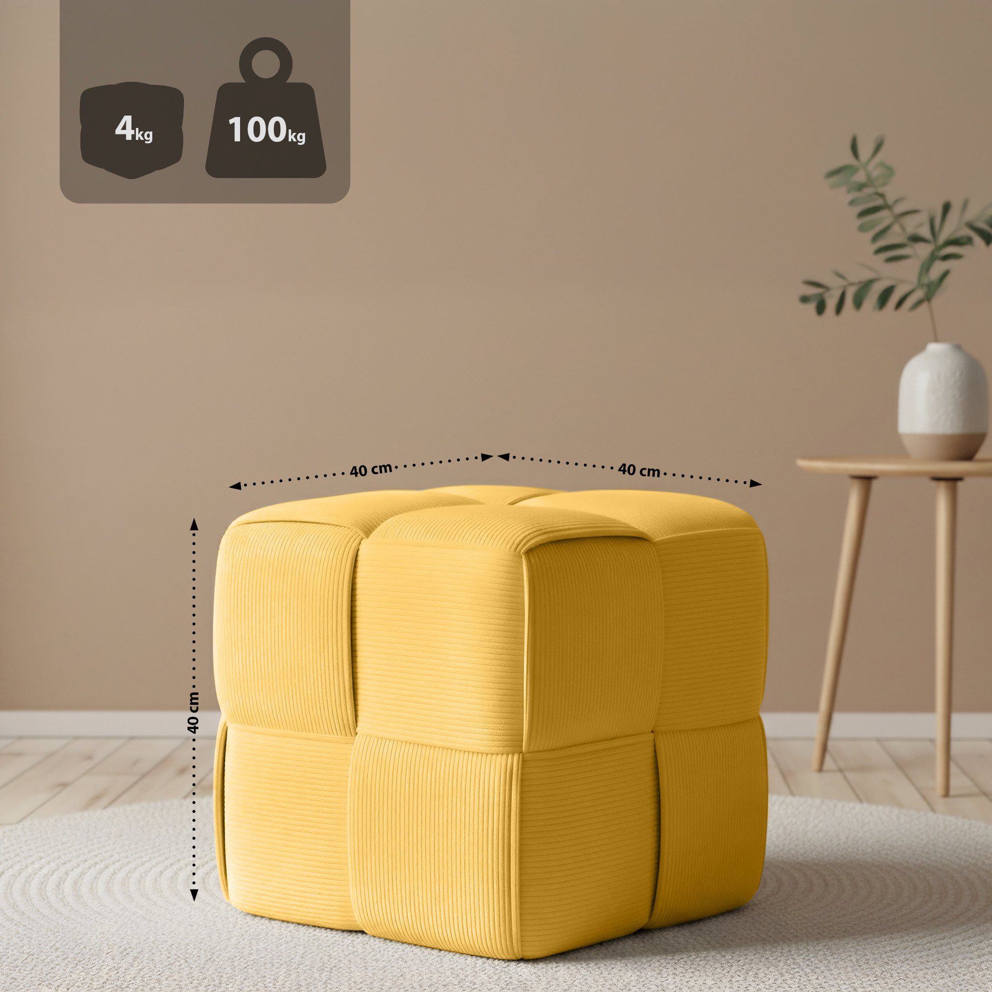 CLP Sitzhocker Sitzhocker Cordstoff Forinta (1er, 1 St., 1er), quadratisch gepolstert, bequem und stabil