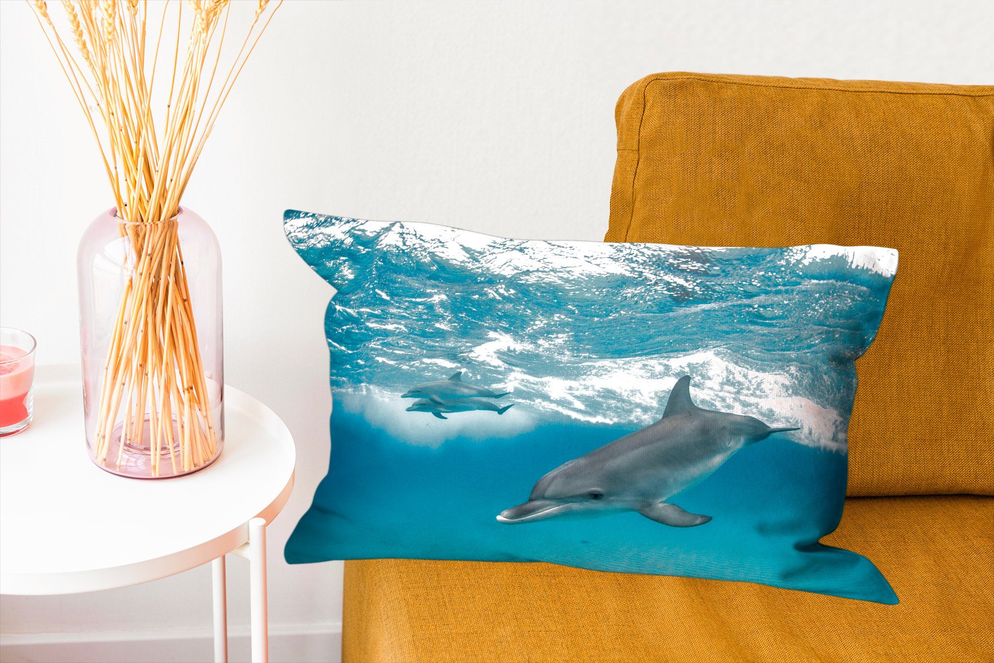 Delfin - Wasser mit Wohzimmer Schlafzimmer MuchoWow Dekokissen Dekoration, Füllung, - Zierkissen, Meer, Dekokissen