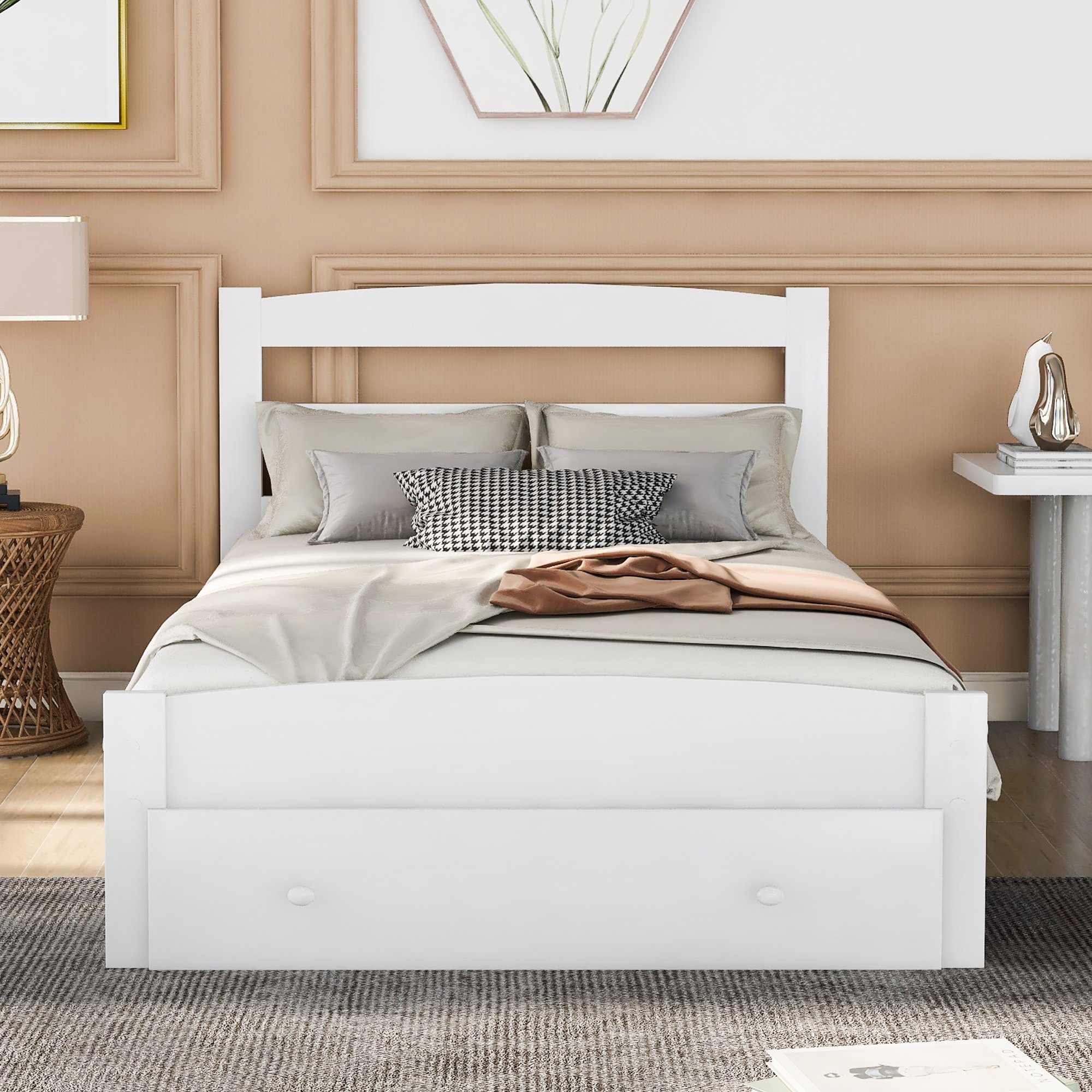 Kinderbett (1-tlg), Jugendbett 90x200 Funktionsbett aus Kiefernholz Weiß mit Schublade und Lattenrost