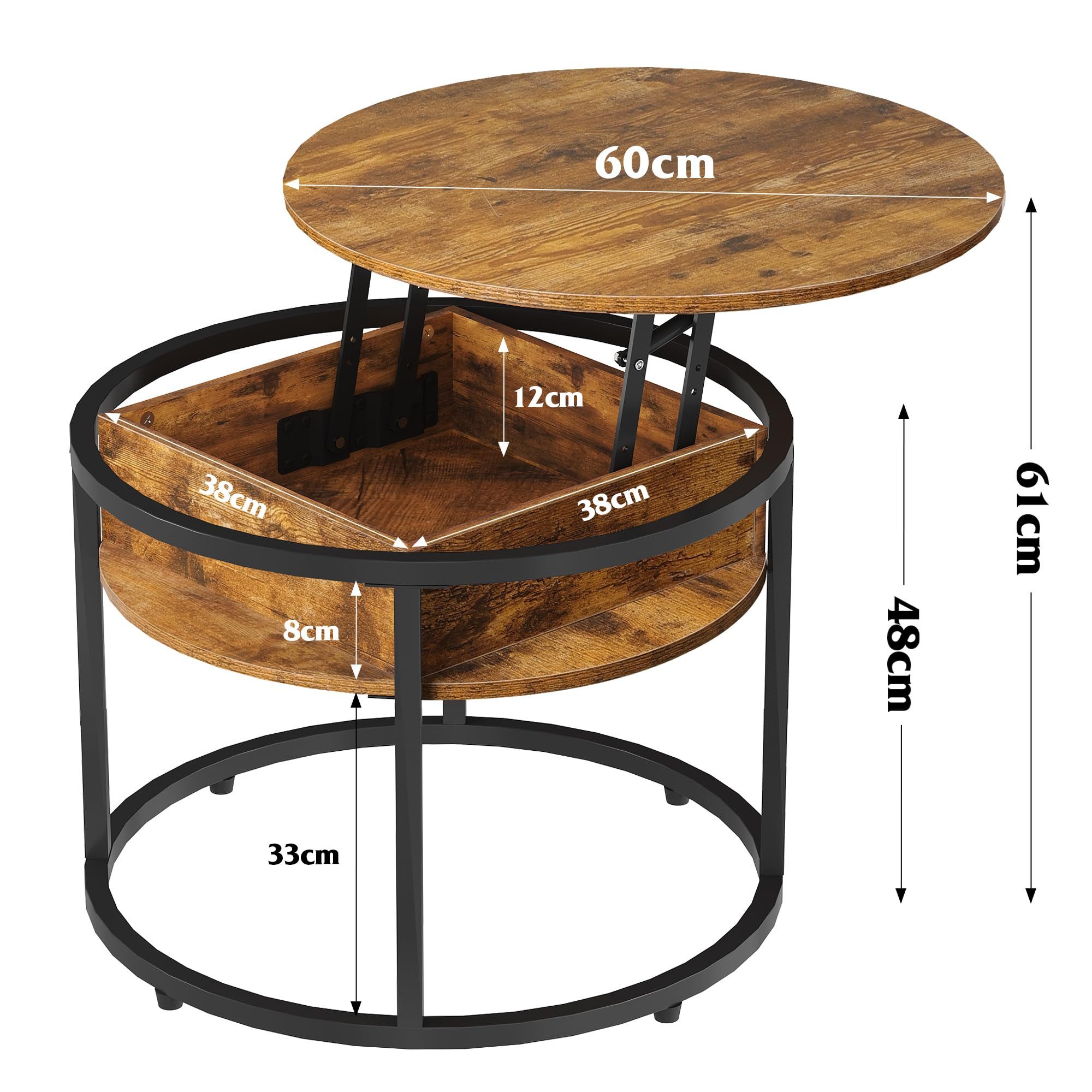 WLIVE Couchtisch Couchtisch Höhenverstellbarer Runder, 2-facher Stauraum & Ablage (Packung, 1 Tisch), Beistelltisch aus Holz & Metall, höhenverstellbar, 60 x 60 x 48-61 cm
