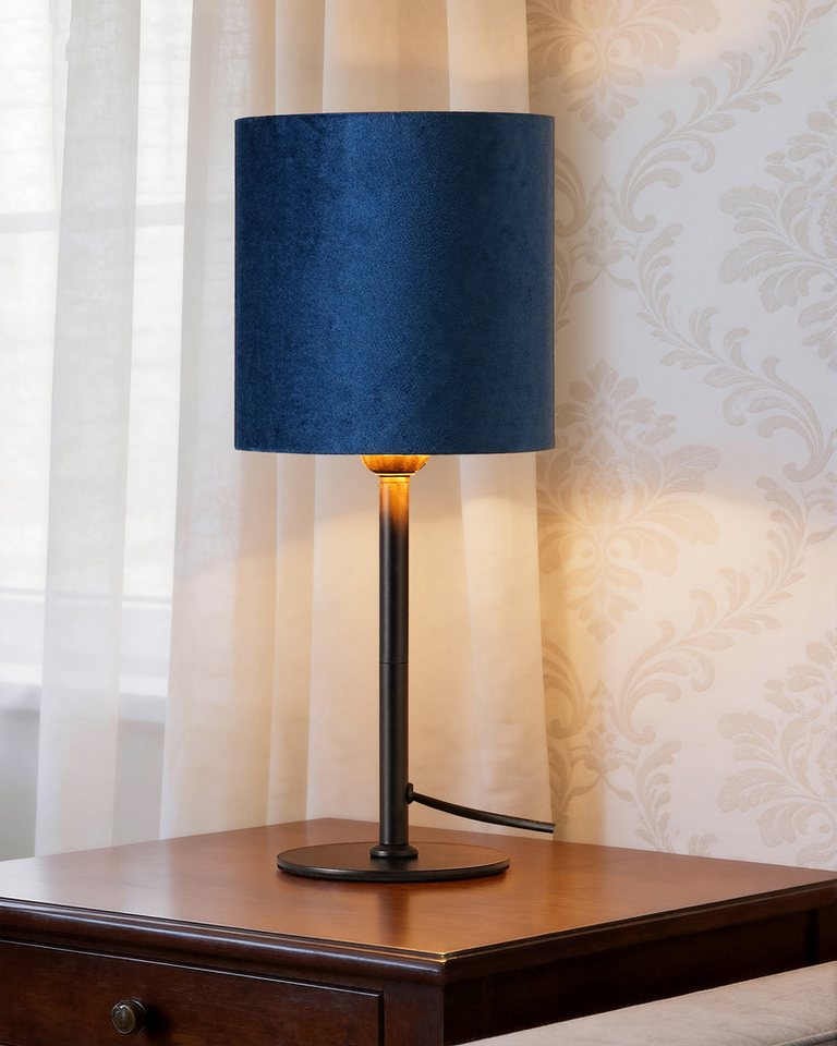 EDISHINE Nachttischlampe mit schwarzem Metallsockel und Samtschirm, LED wechselbar, Warmweiß, Blaue Vintage Tischlampe inkl. 2700K LED Leuchtmittel, 38cm
