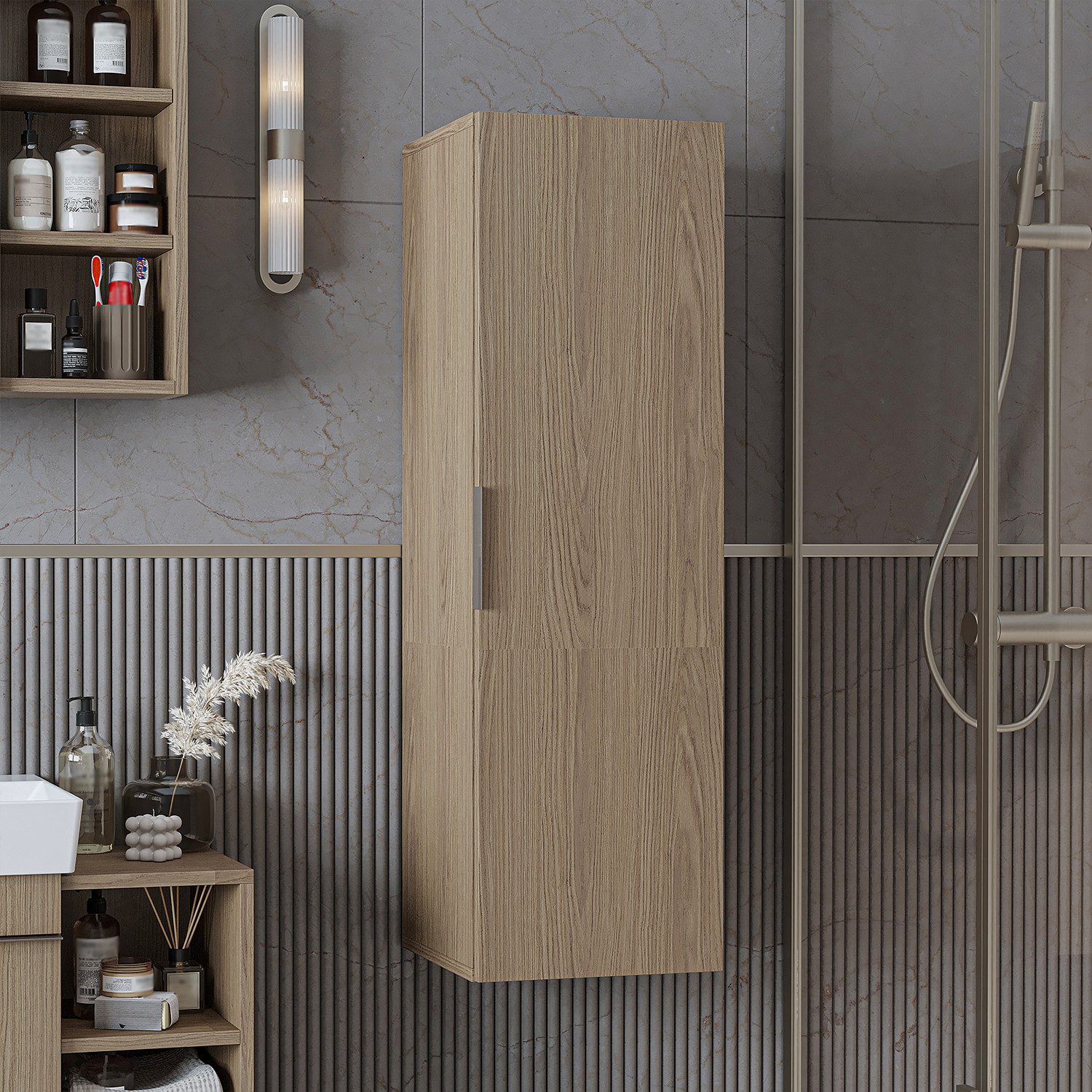 Roomart Badmöbel-Set LYCIA 82 cm 4-tlg., offenes Regal, Keramikbecken, 4 Farben, (Komplett-Set, Komplett-Set - Einzelteile auch separat erhältlich), Soft-Close, offene Regale, 32 cm tief, Keramikbecken inkl.