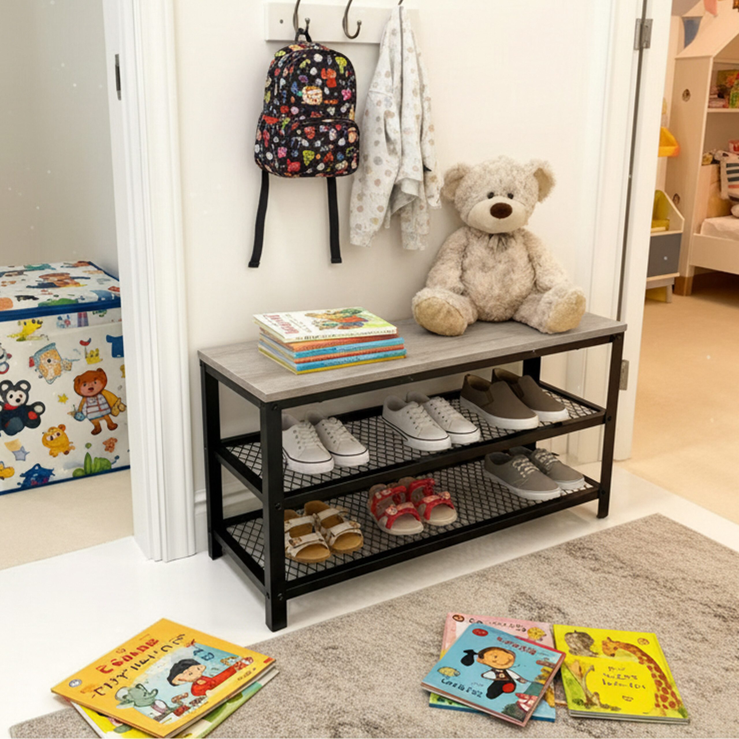 relaxdays Schuhregal Schuhbank mit 2 Schuhablagen, Schwarz-Grau günstig online kaufen