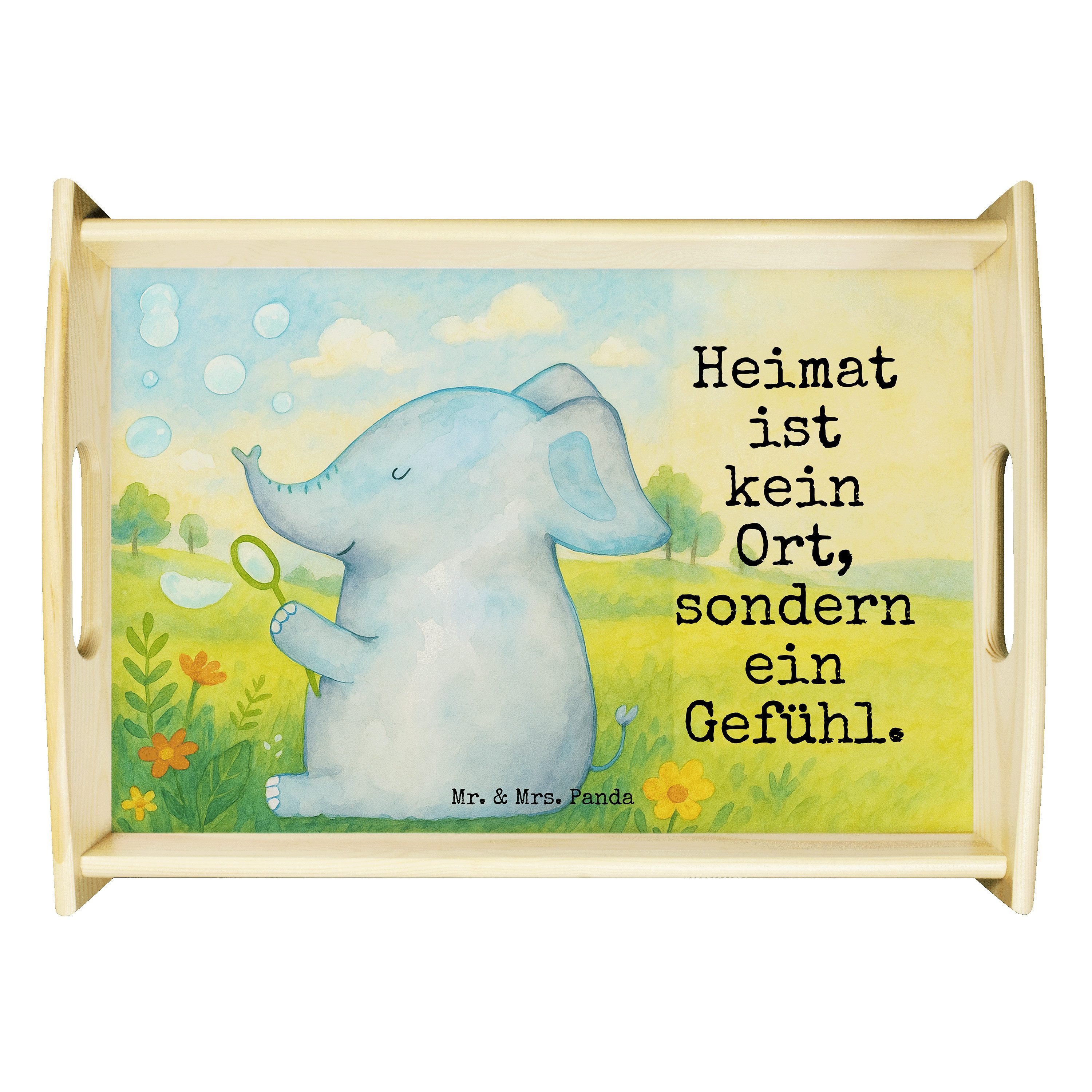 Mr. & Mrs. Panda Tablett Elefant Seifenblasen Design, sofatablett, Weiß, Heimat, Liebesspruch, Echtholz lasiert, (Packung), Snack Tablett holz serviertablett kaffeetablett