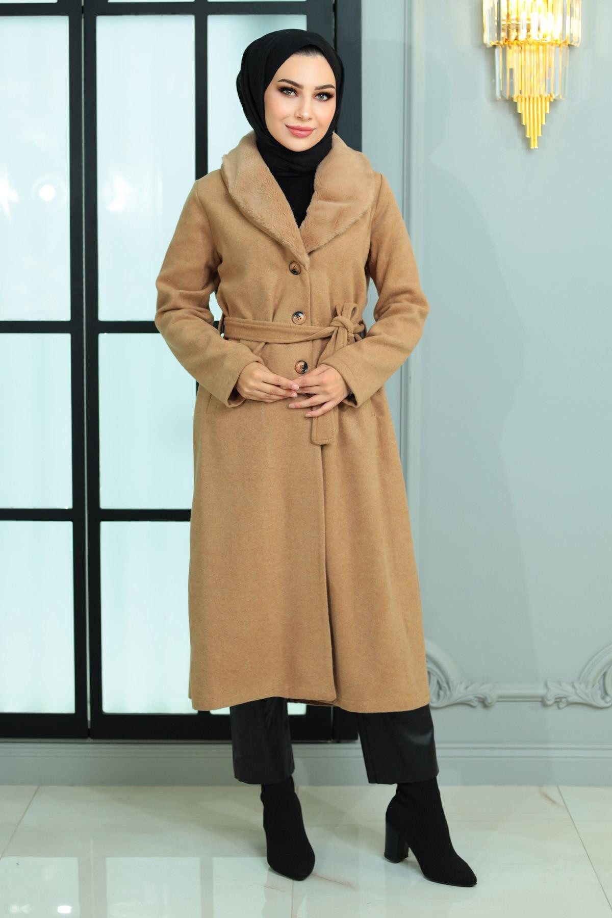 MODAMİHRAM Wintermantel Faux-Fur-Kragen Cashmere Mantel 19174