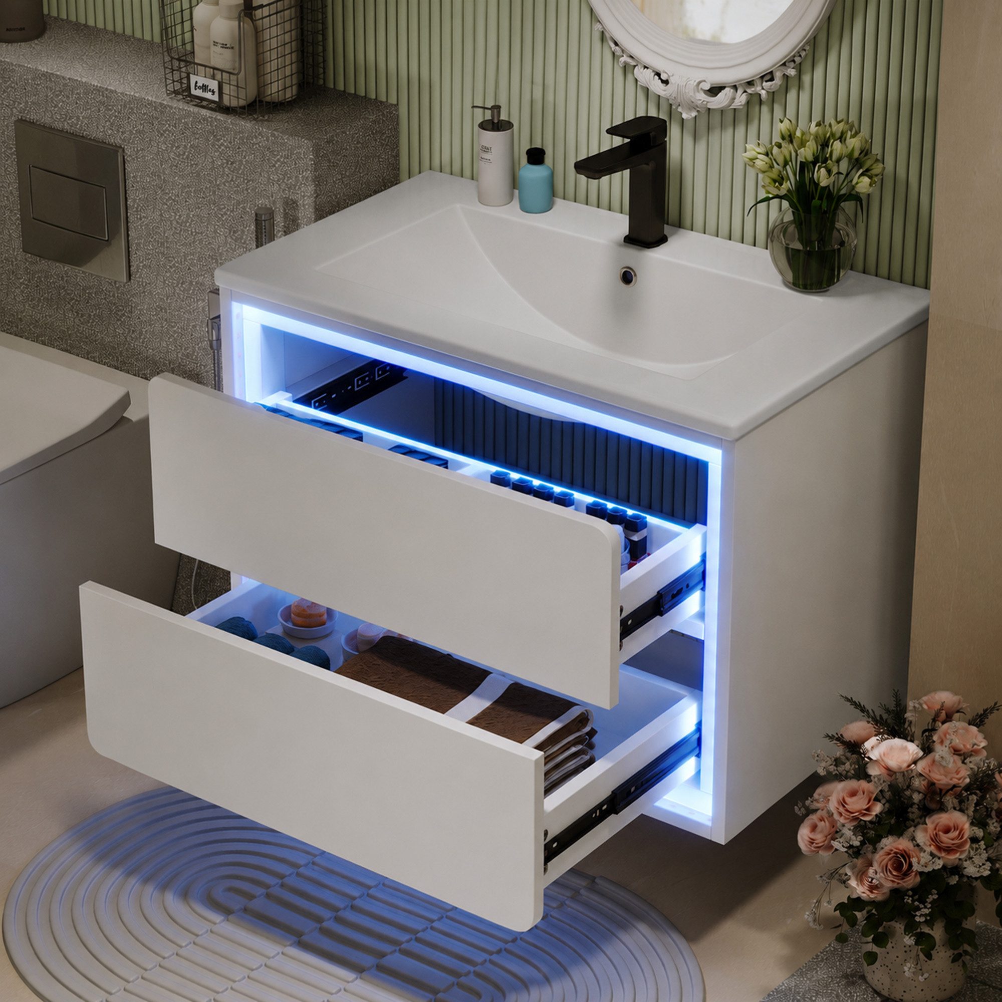 Flieks Waschtisch mit LED-Radarsensor Waschbeckenunterschrank inkl. Waschbecken (2 geräuschlose Schubladen, B76/T46/H48,5 cm, 1-St., wandhängend, Badschrank mit Led-Beleuchtung Waschplatz Badezimmer), Badezimmerschrank Wandmontage Badmöbel-Set Volllackier